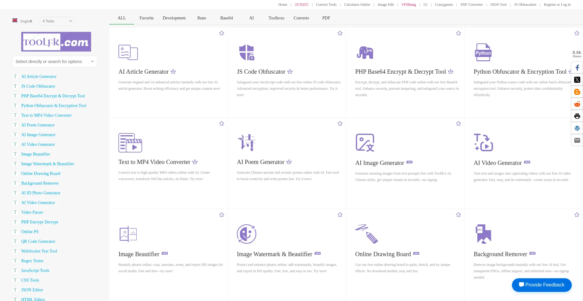 Website screenshot of Toolfk.com