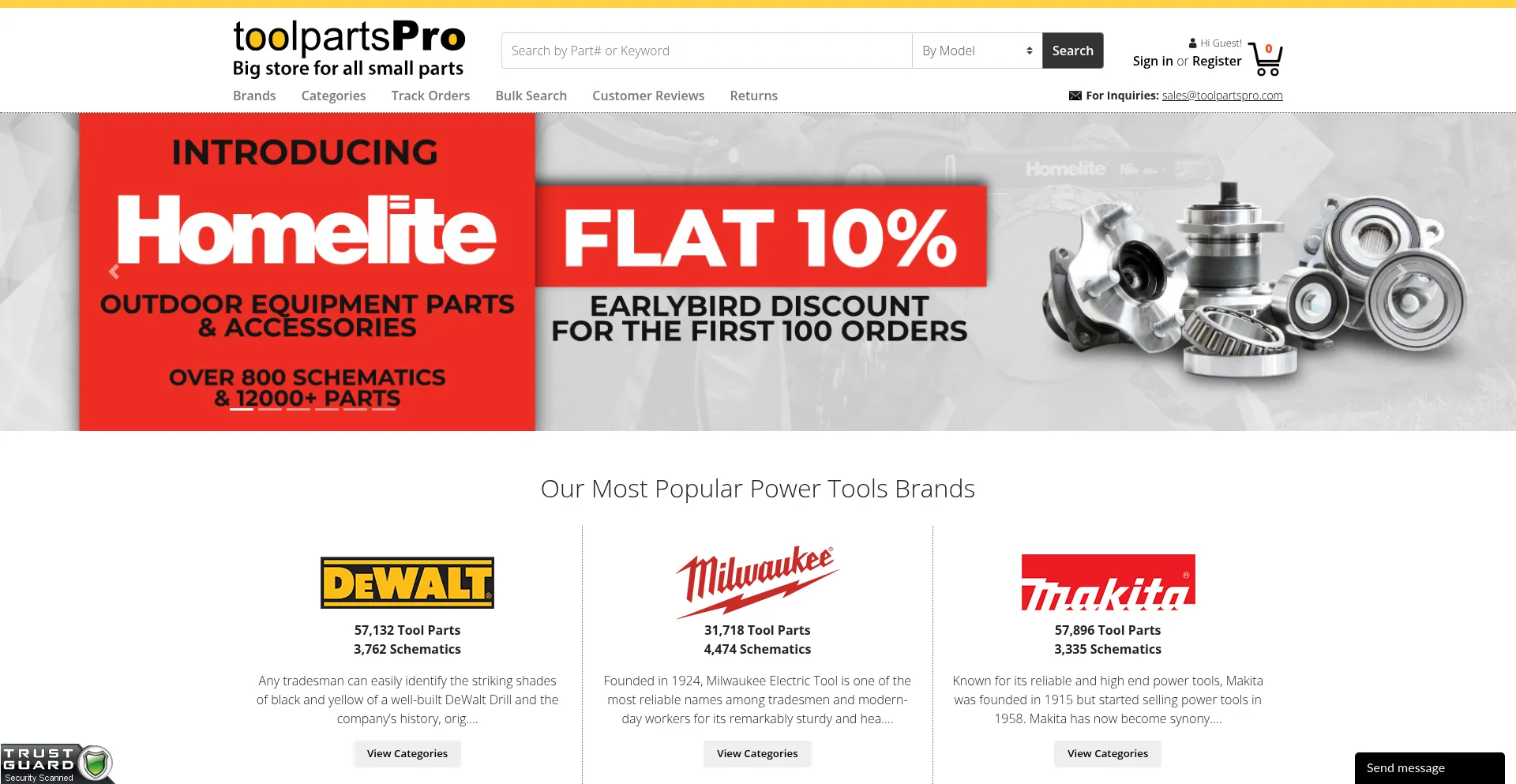 Website screenshot of Toolpartspro.com