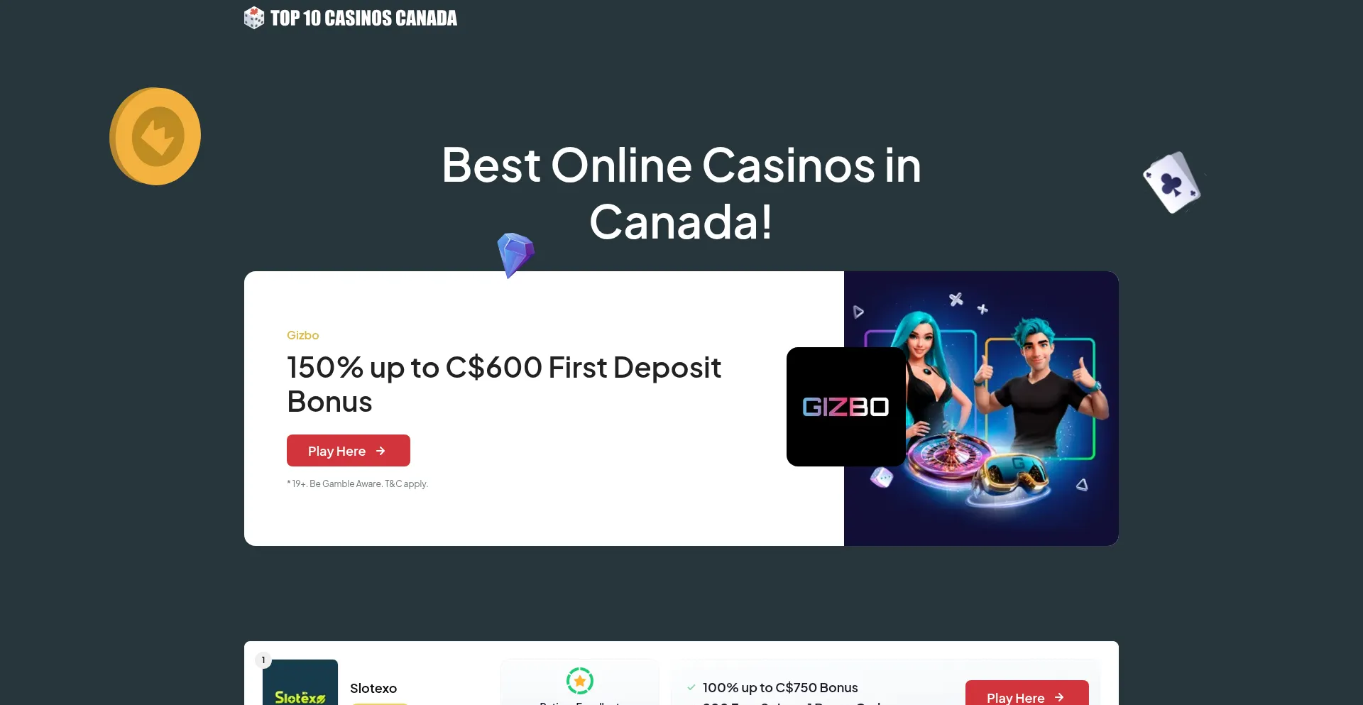 Website screenshot of Top10casinoscanada.com