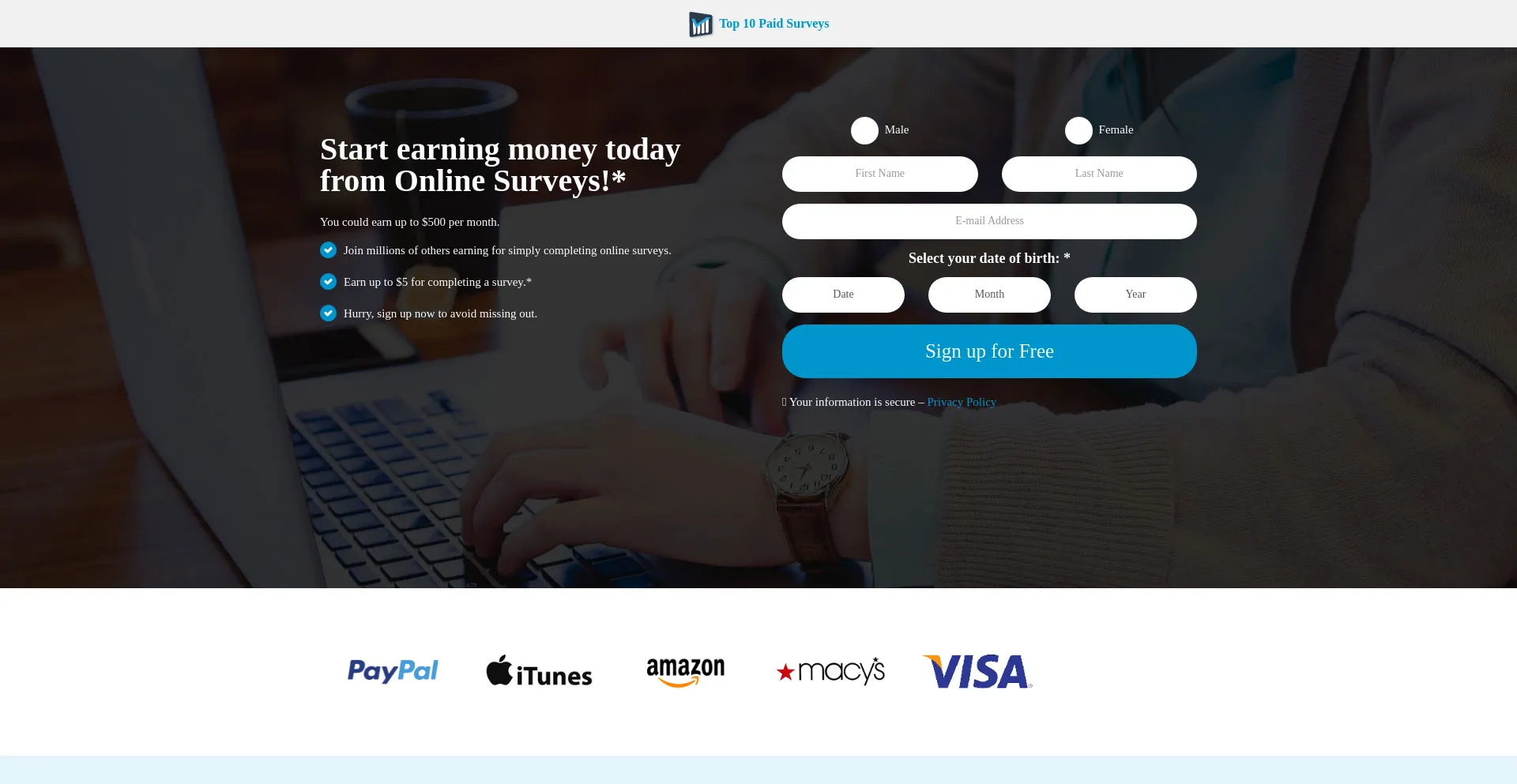 Website screenshot of Top10paidsurveys.us