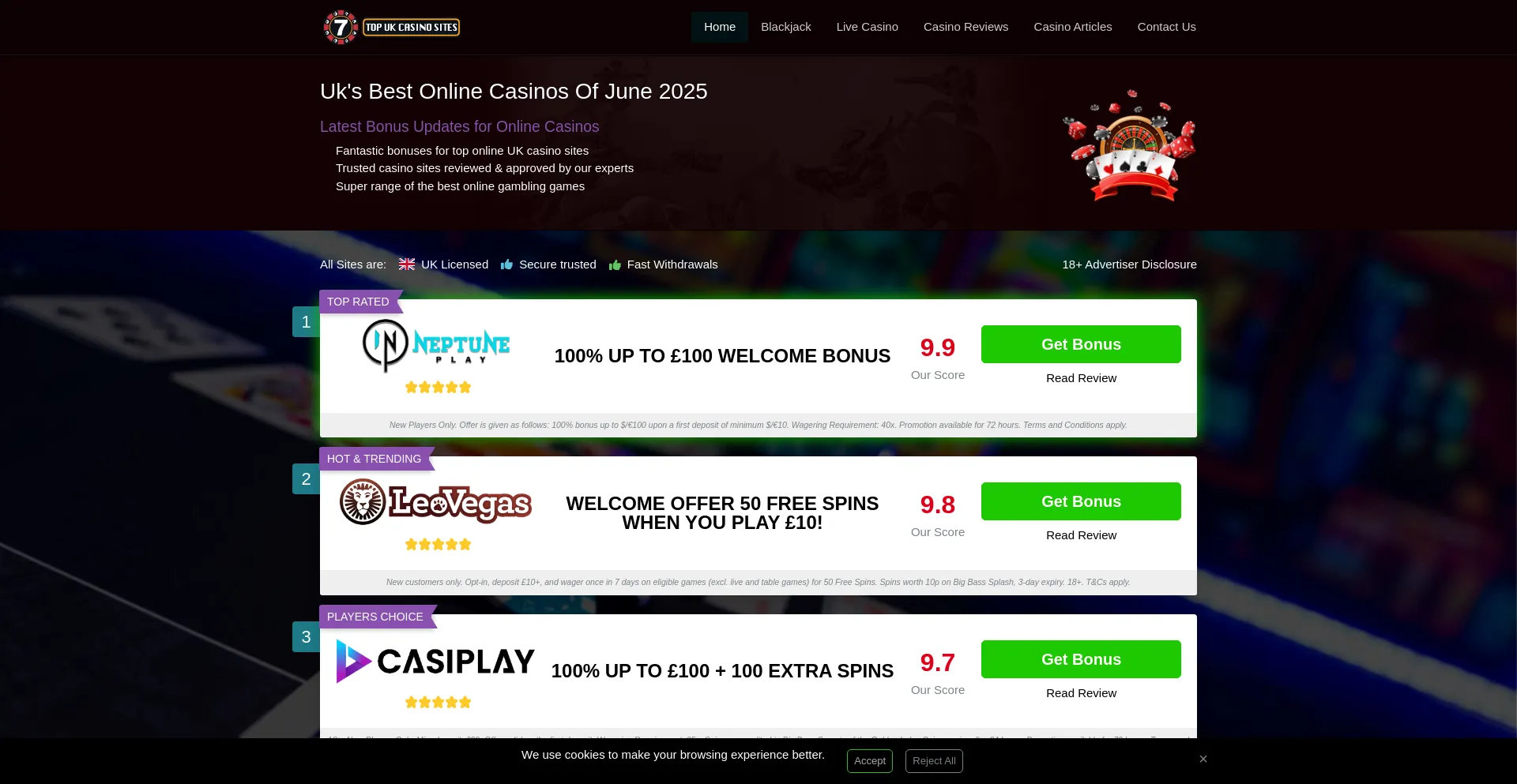 Website screenshot of Top7ukcasinosites.com