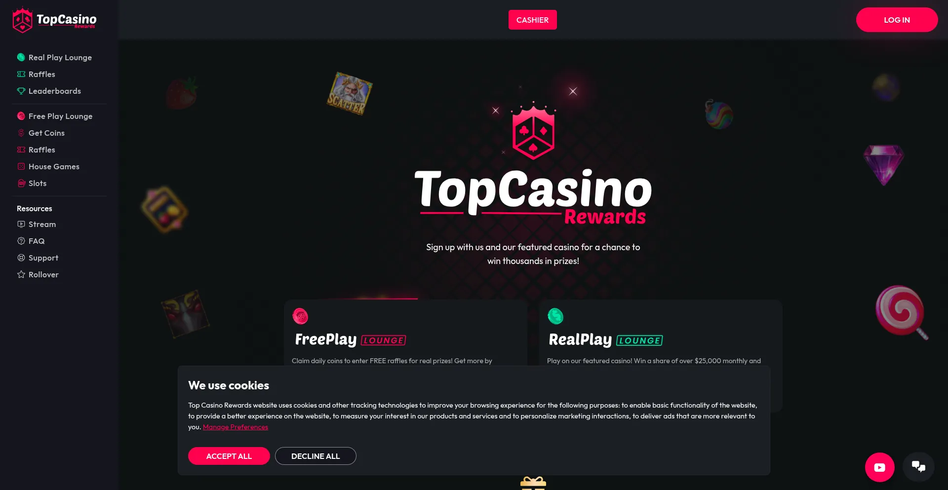 Website screenshot of Topcasinorewards.com