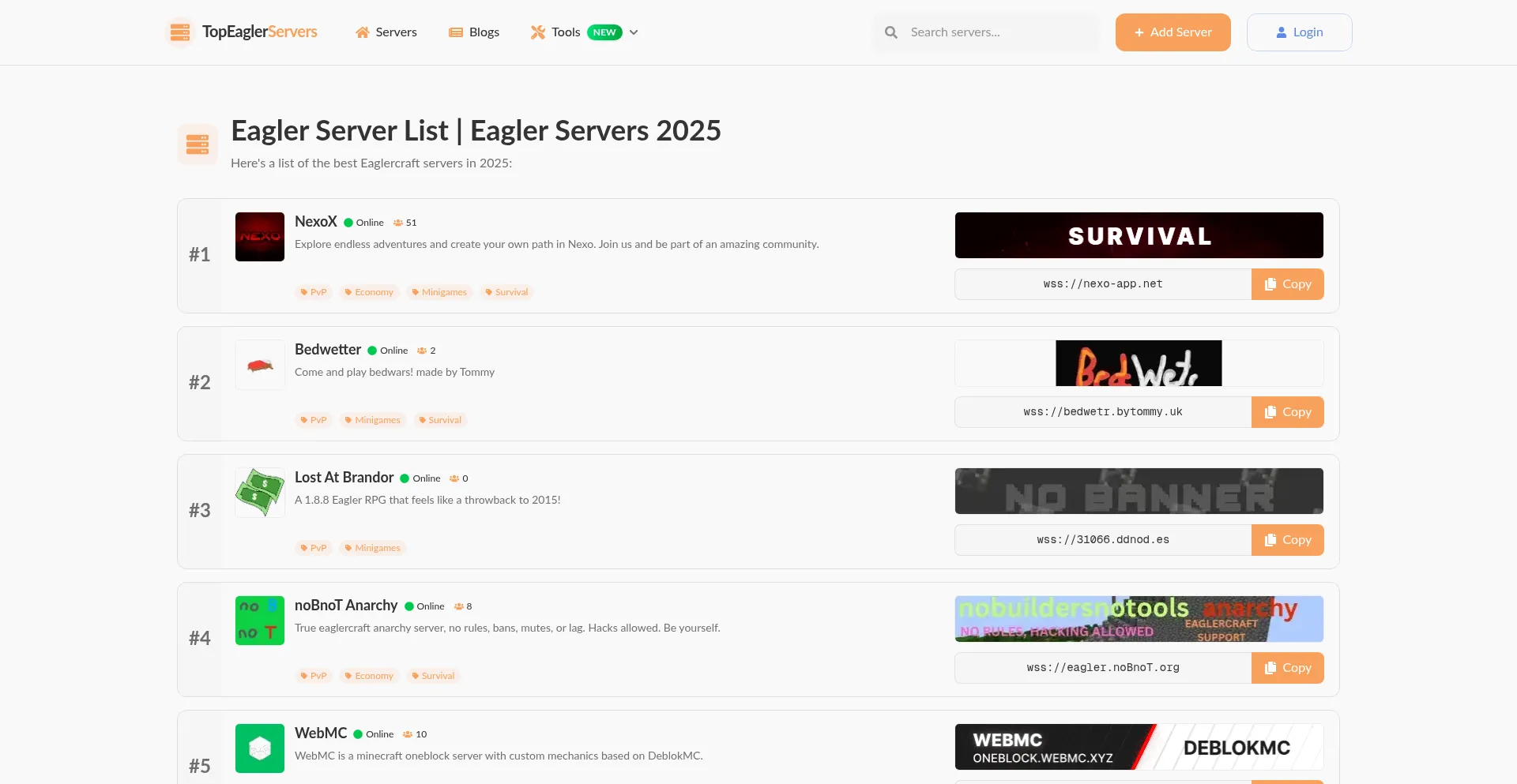 Website screenshot of Topeaglerservers.com