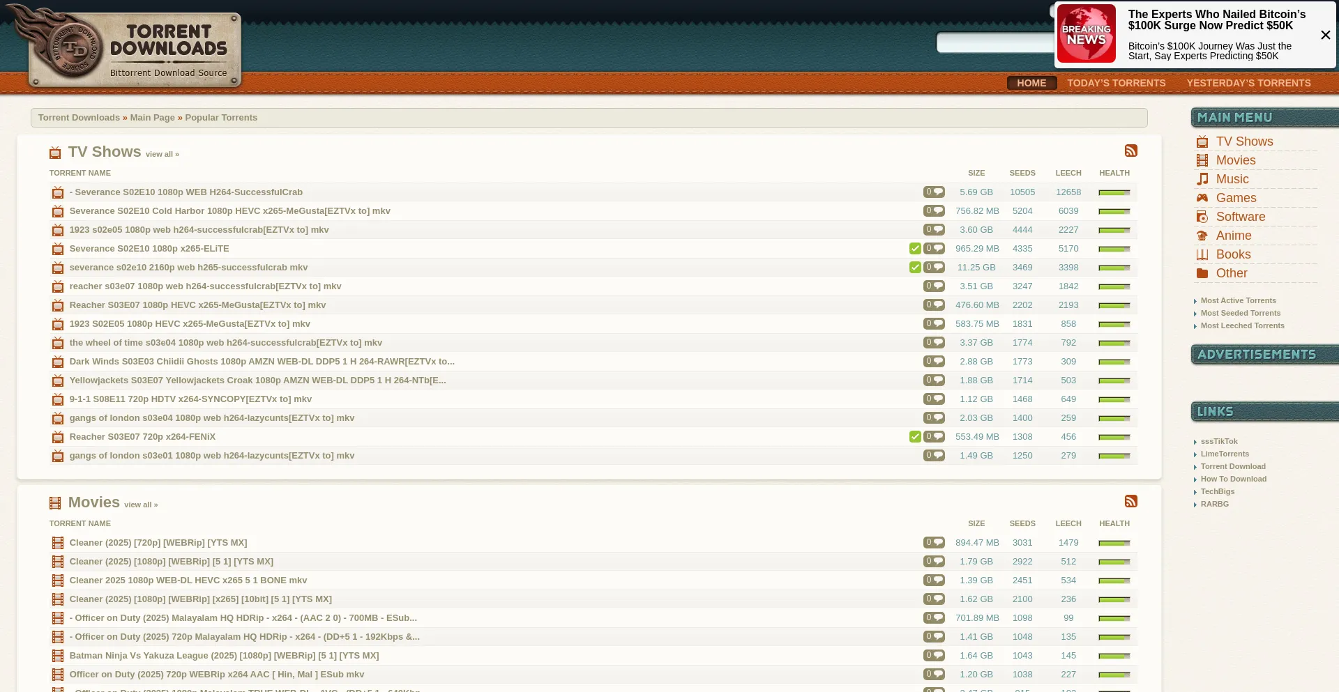 Website screenshot of Torrentdownloads.pro