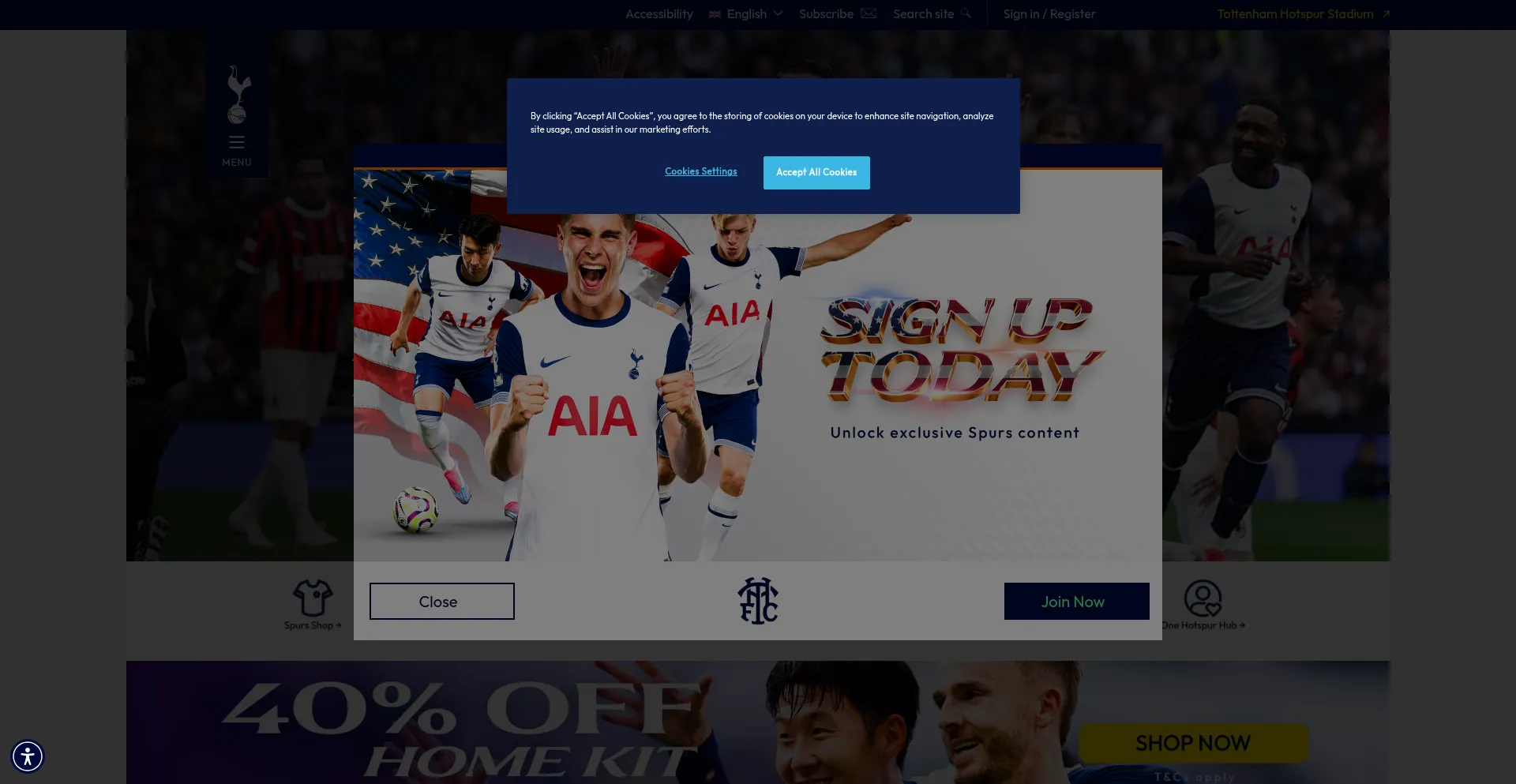 Website screenshot of Tottenhamhotspur.com