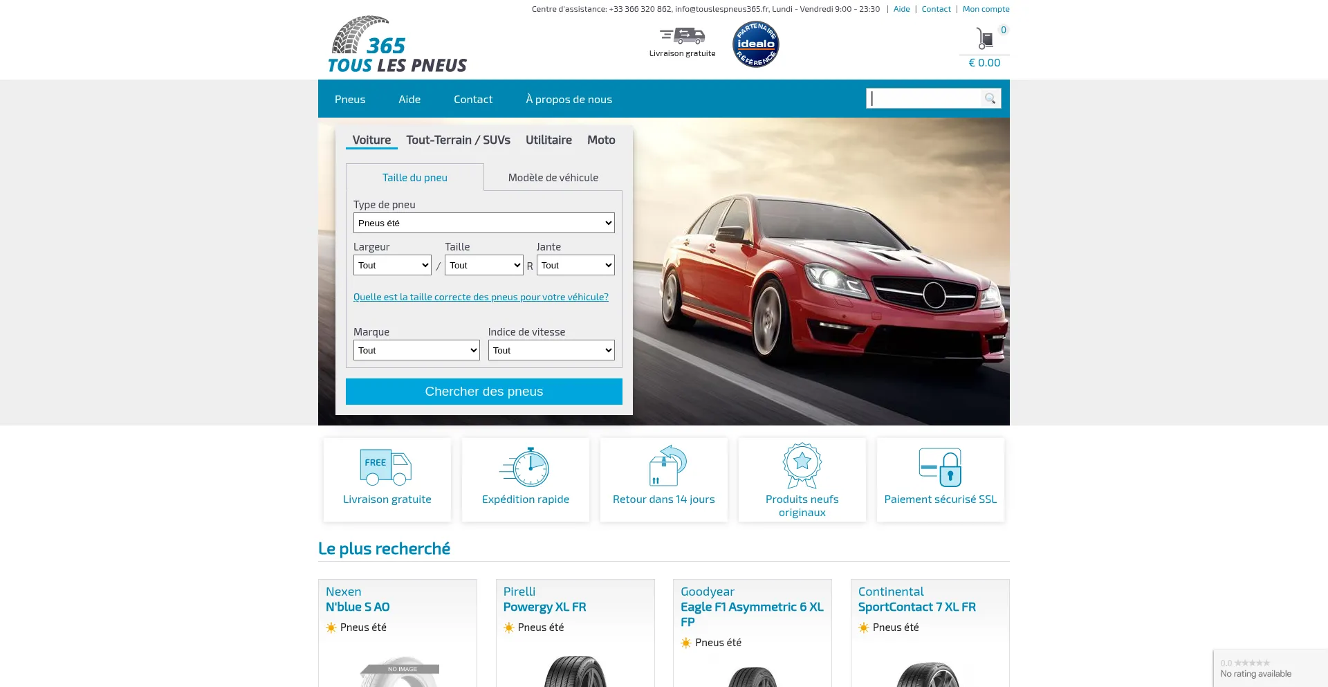 Website screenshot of Touslespneus365.fr