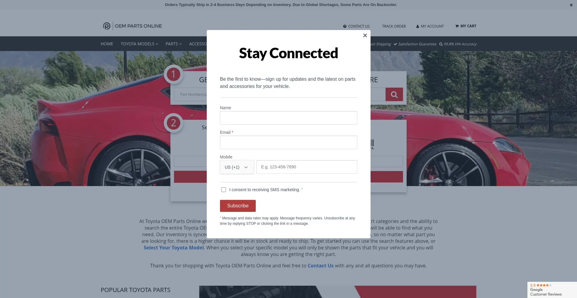 Website screenshot of Toyota.oempartsonline.com