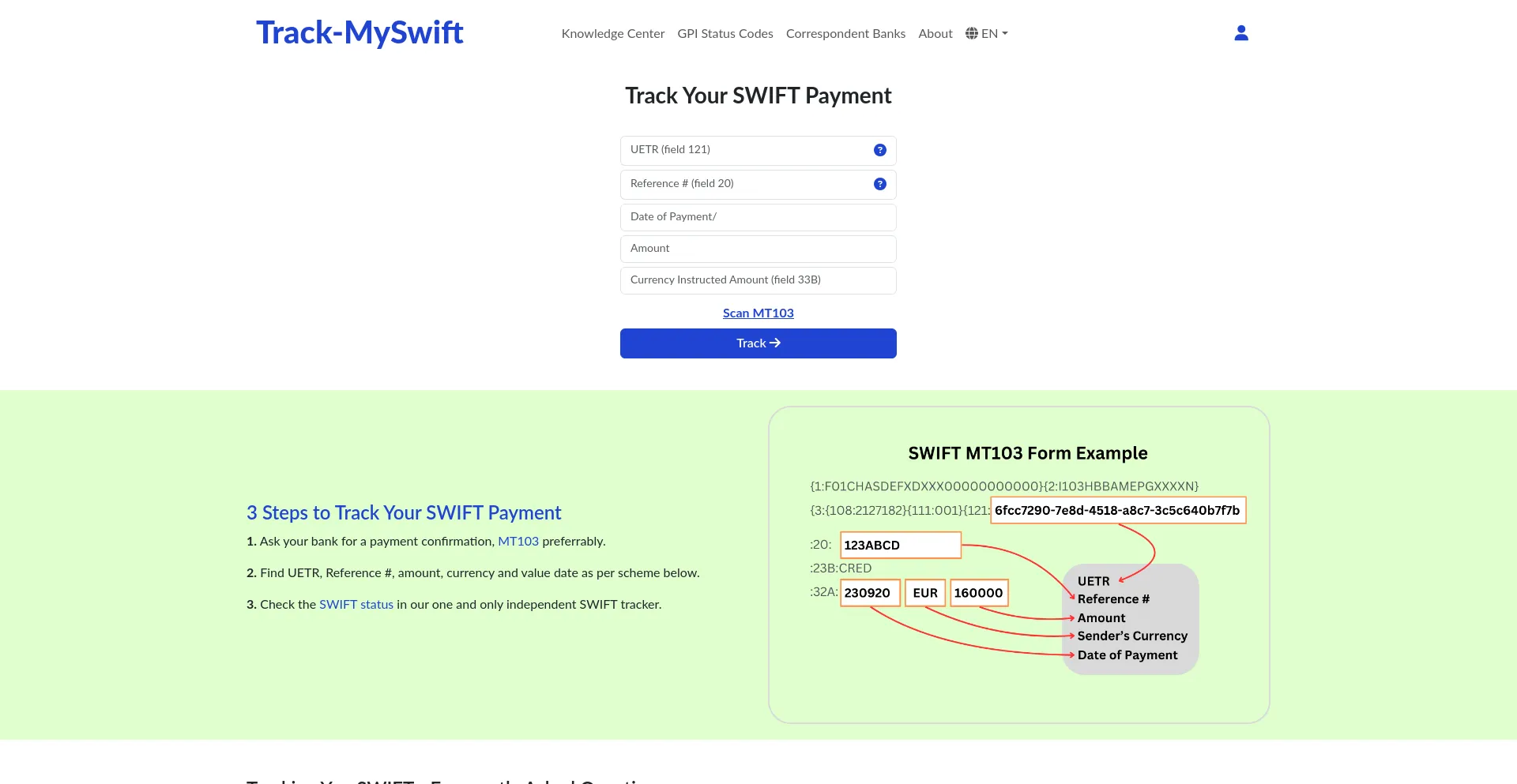 Website screenshot of Track-myswift.com