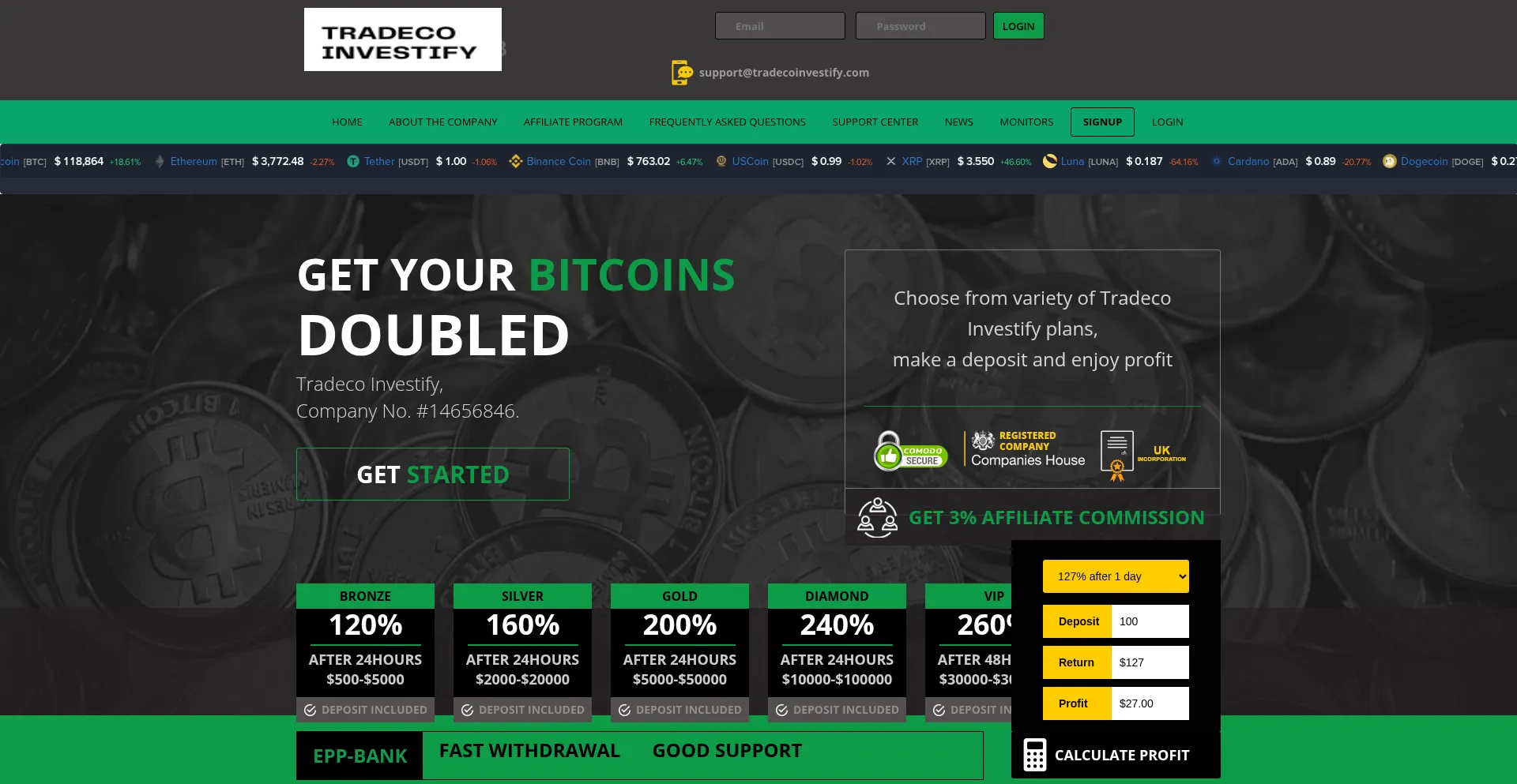 Website screenshot of Tradecoinvestify.com