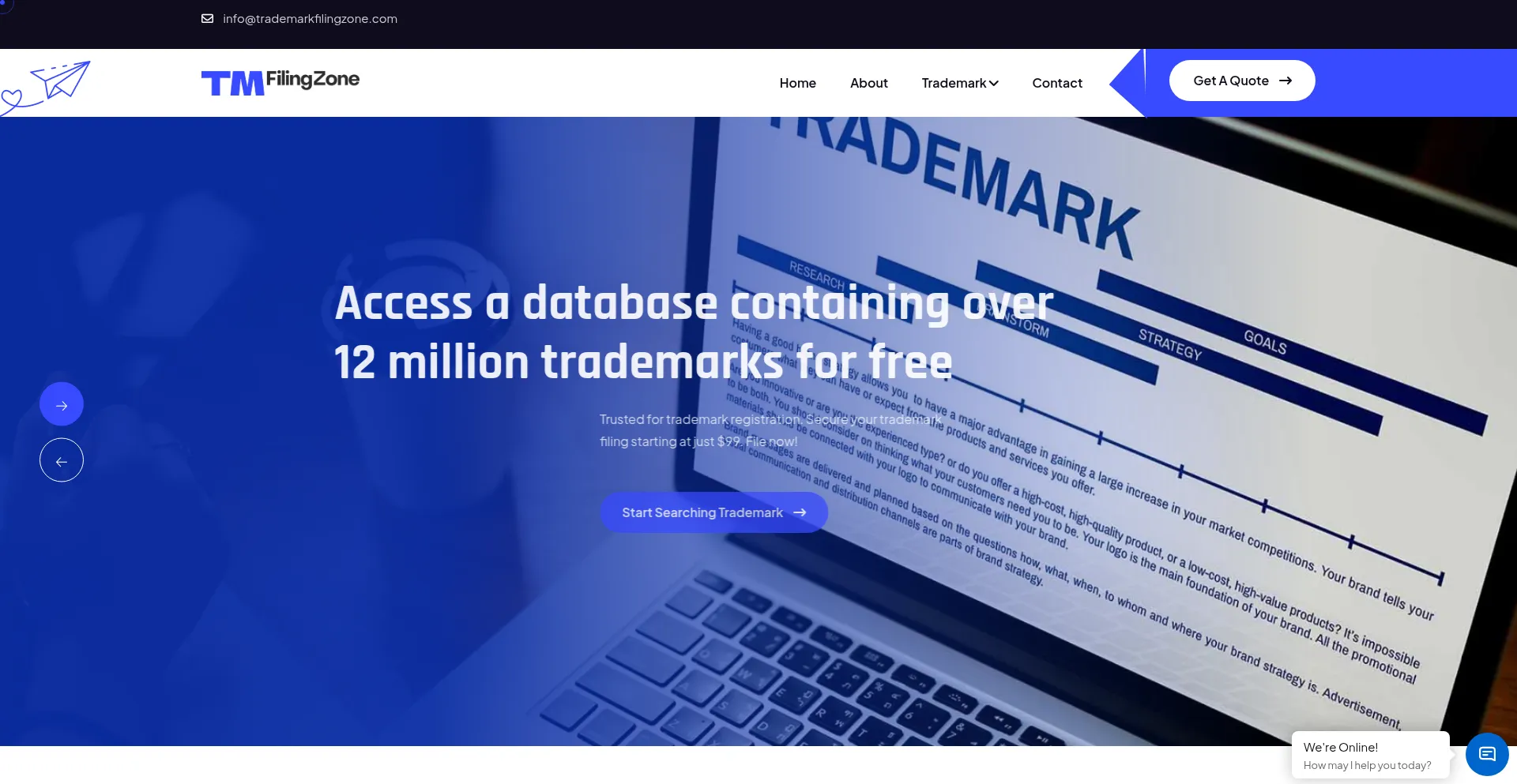 Website screenshot of Trademarkfilingzone.com