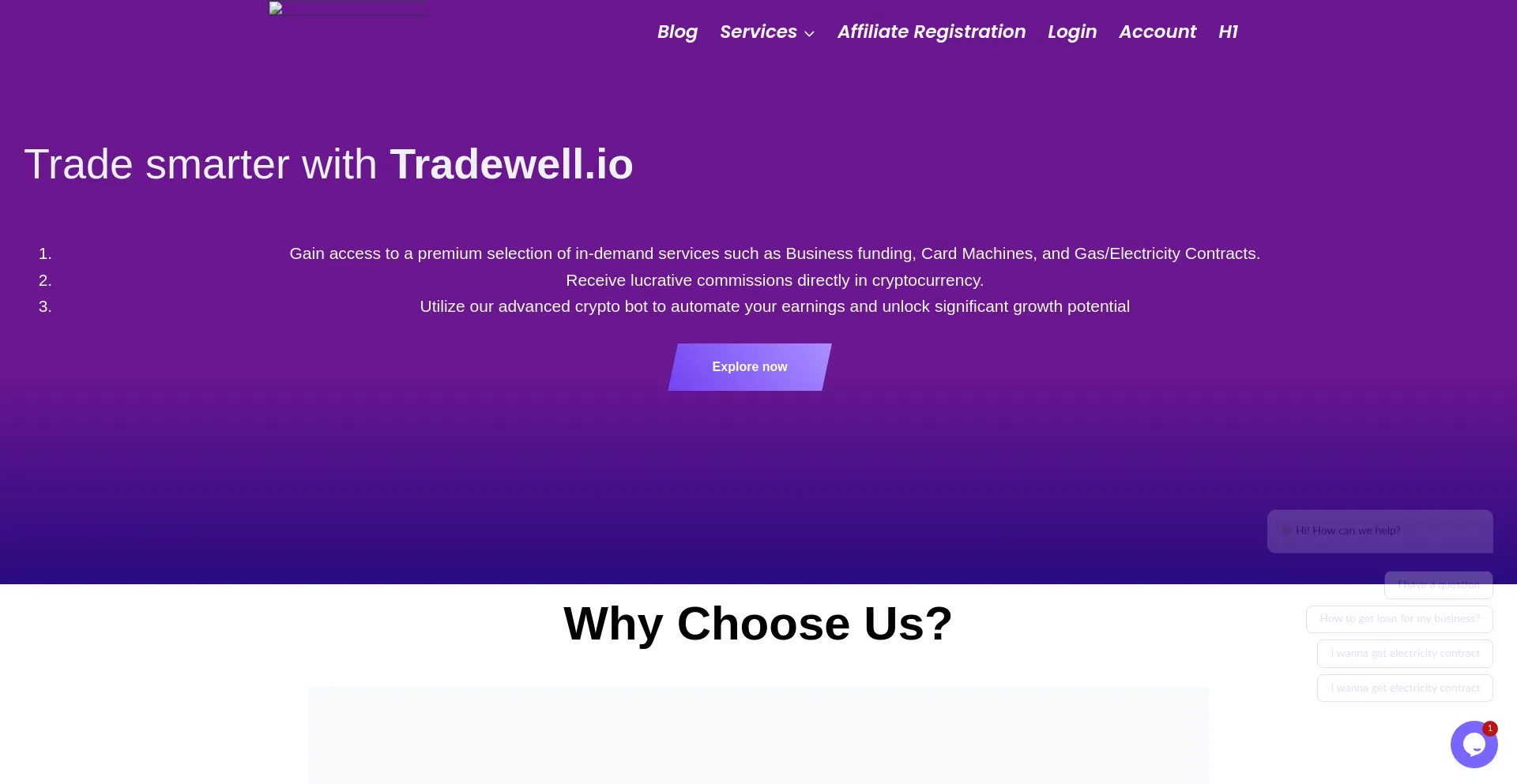 Website screenshot of Tradewell.io