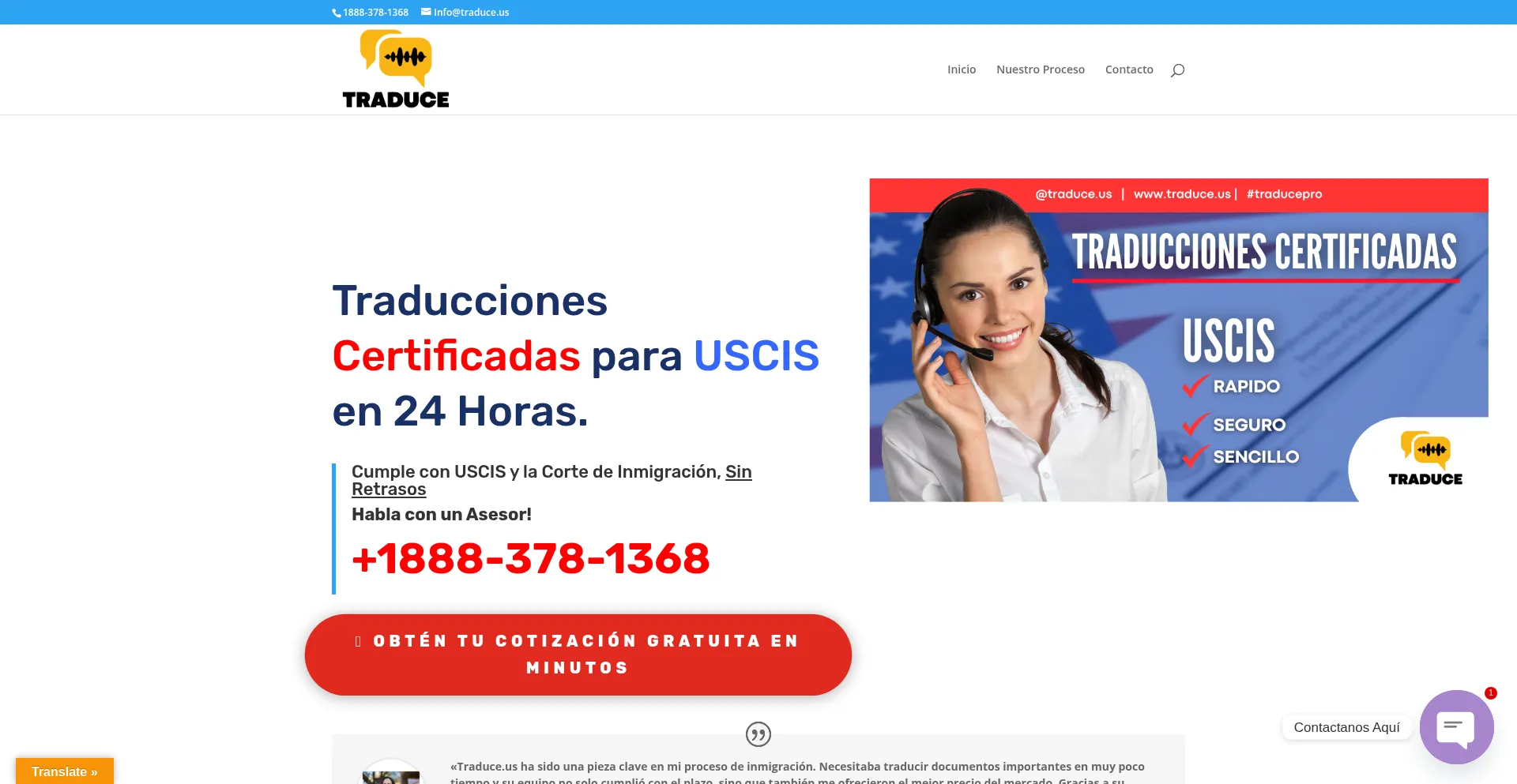 Website screenshot of Traduce.us