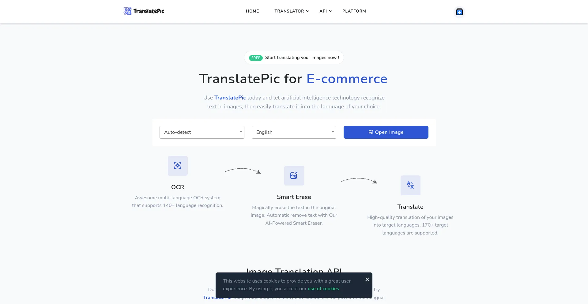 Website screenshot of Translatepic.com