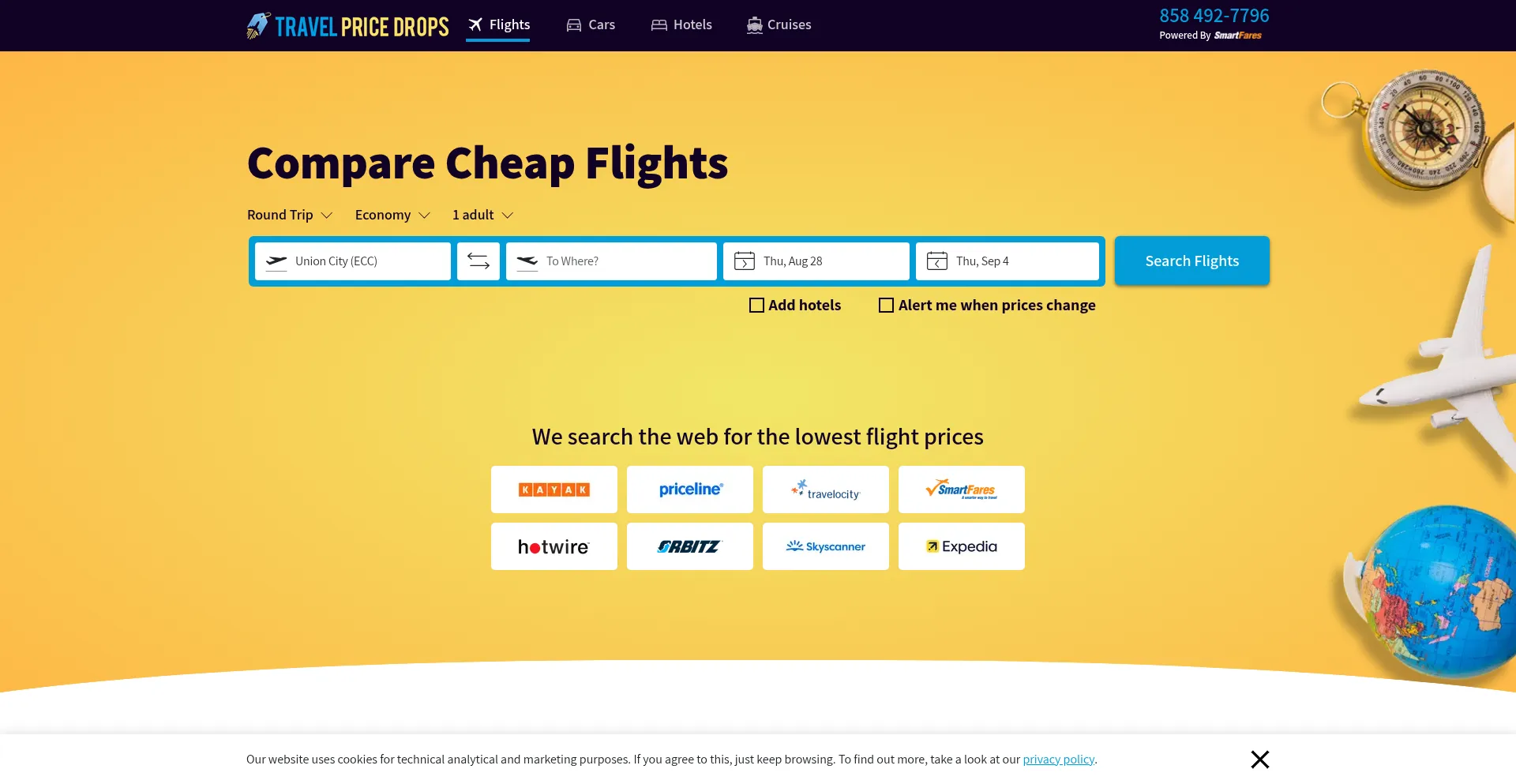 Website screenshot of Travelpricedrops.com