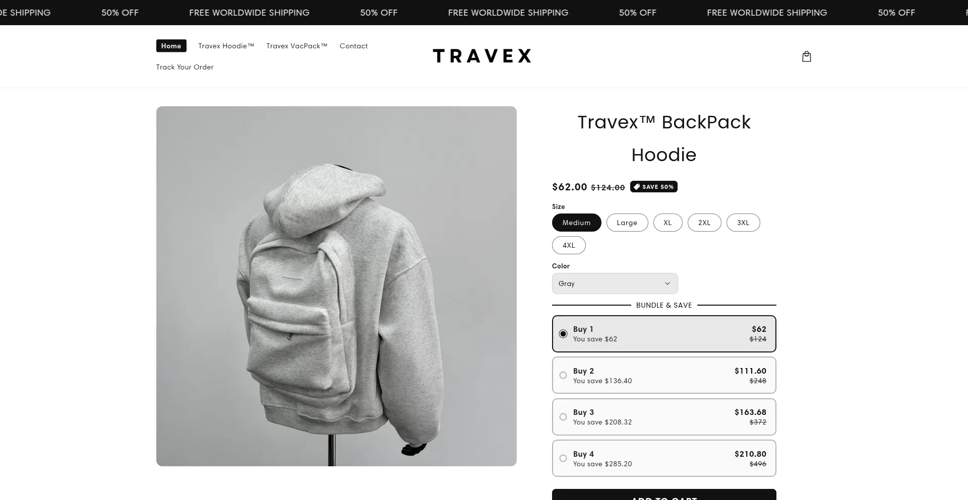 Website screenshot of Travexbag.com