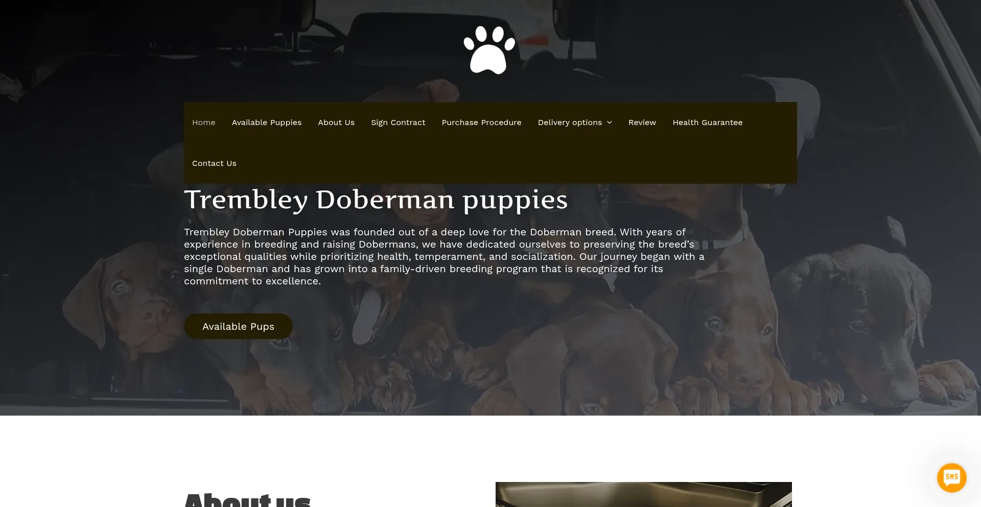 Website screenshot of Trembleydobermanpuppeis.com