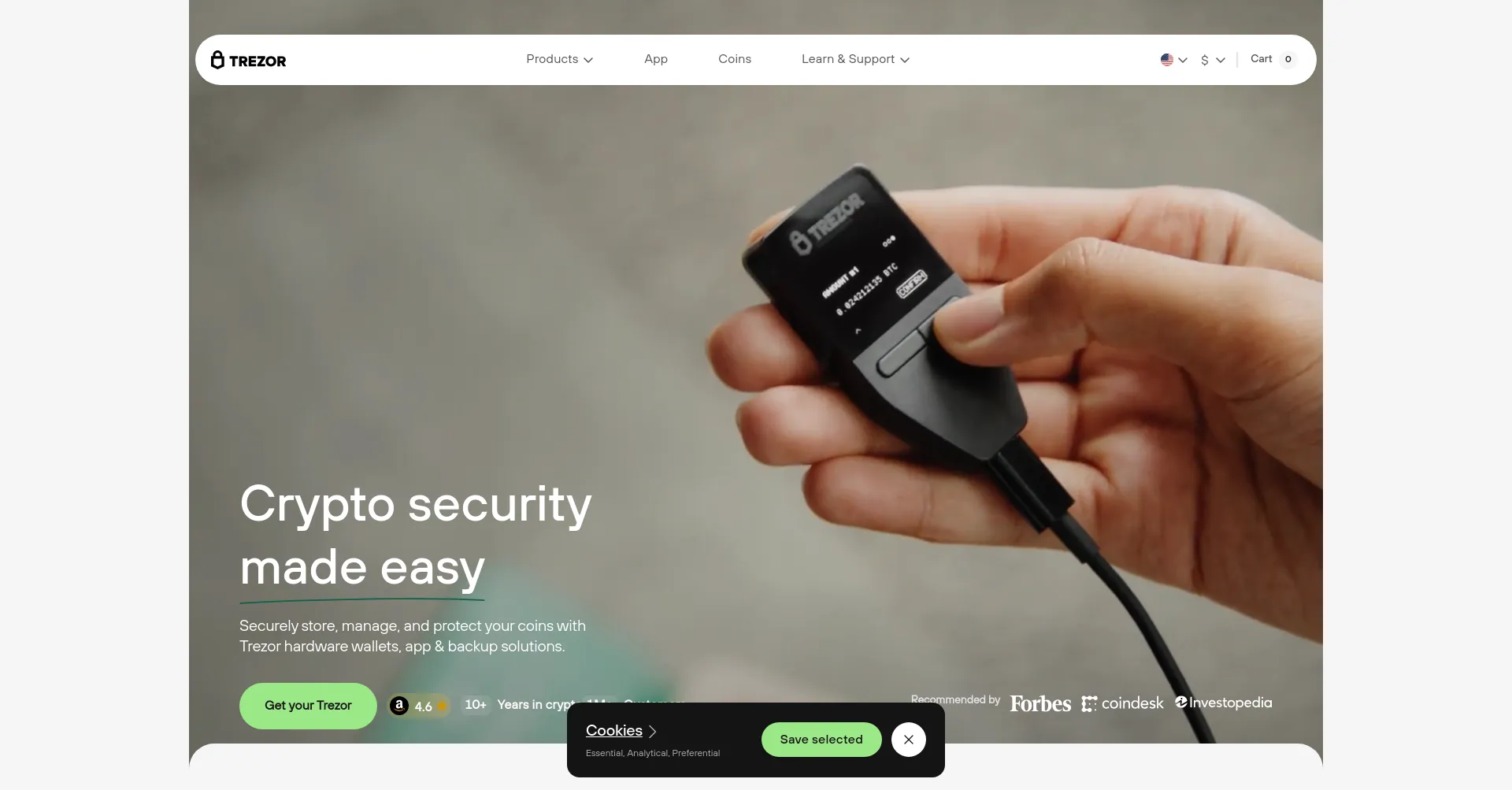 Website screenshot of Trezor.io
