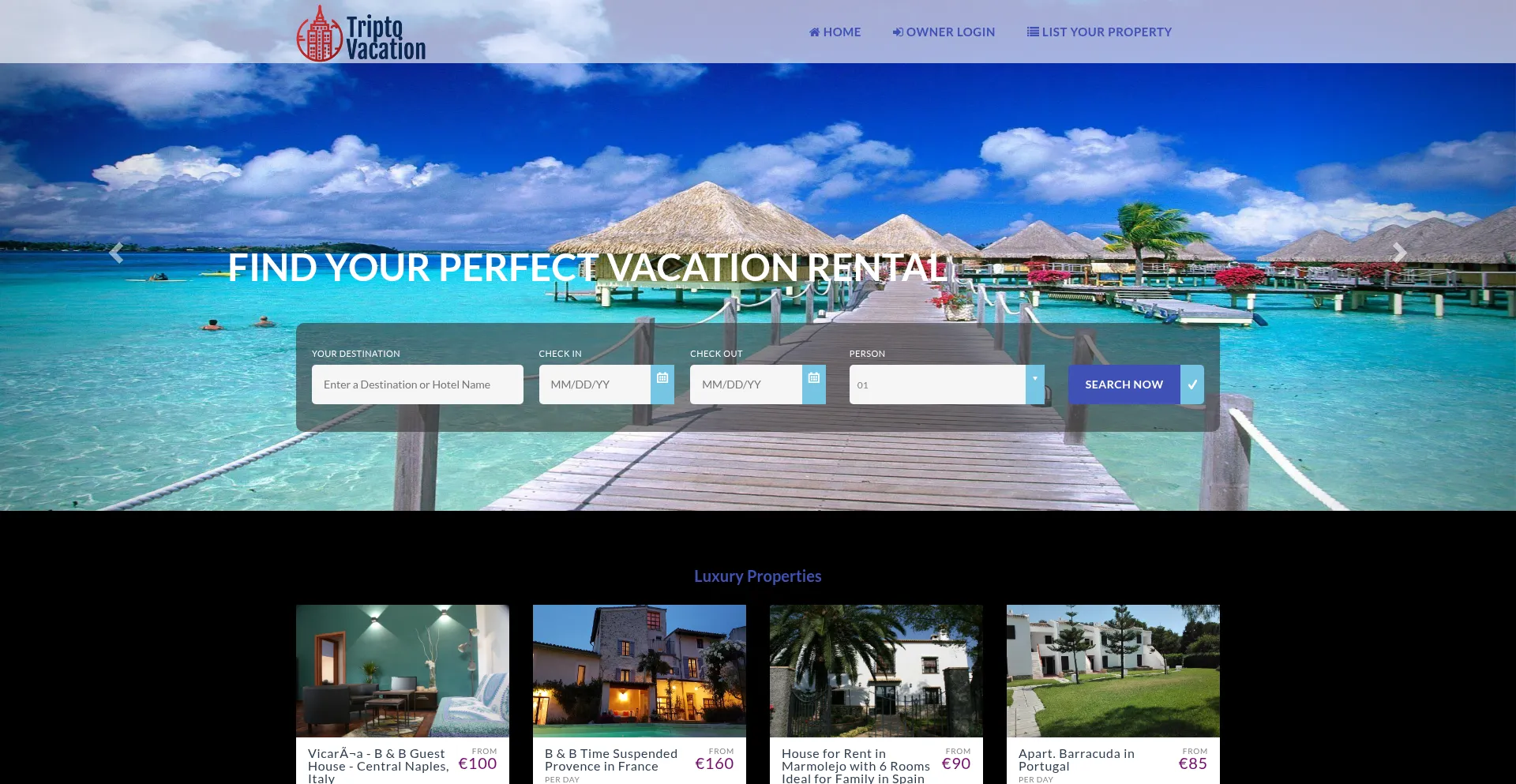 Website screenshot of Triptovacation.com