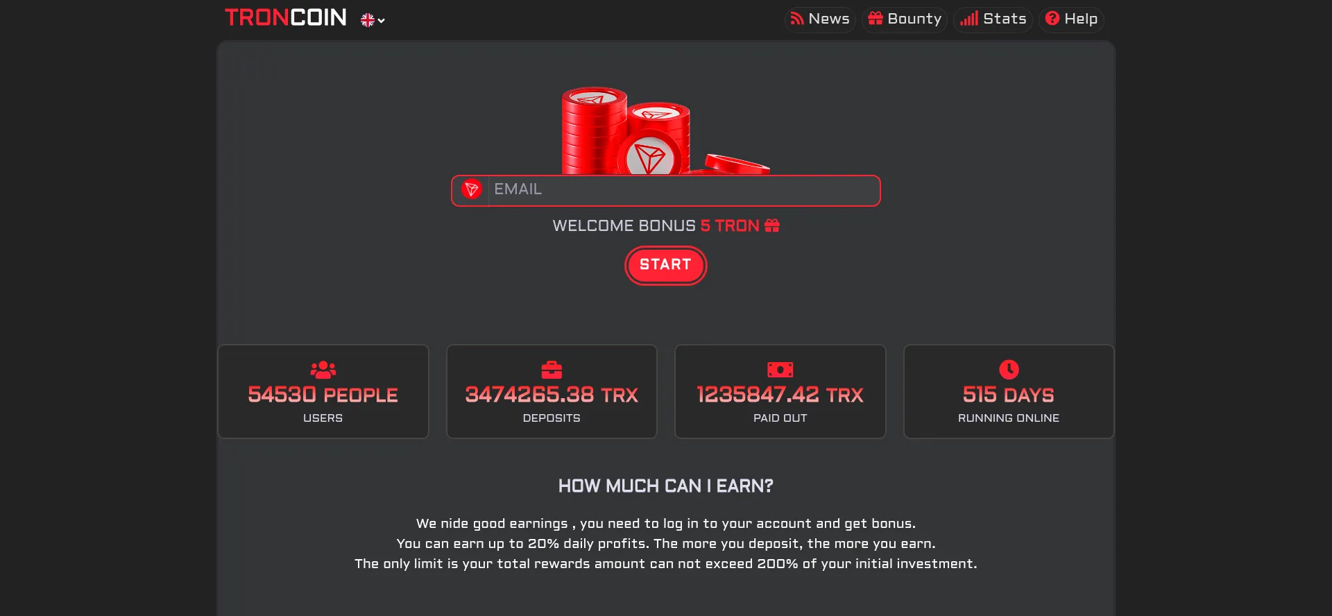 Website screenshot of Troncoin.moon5.org