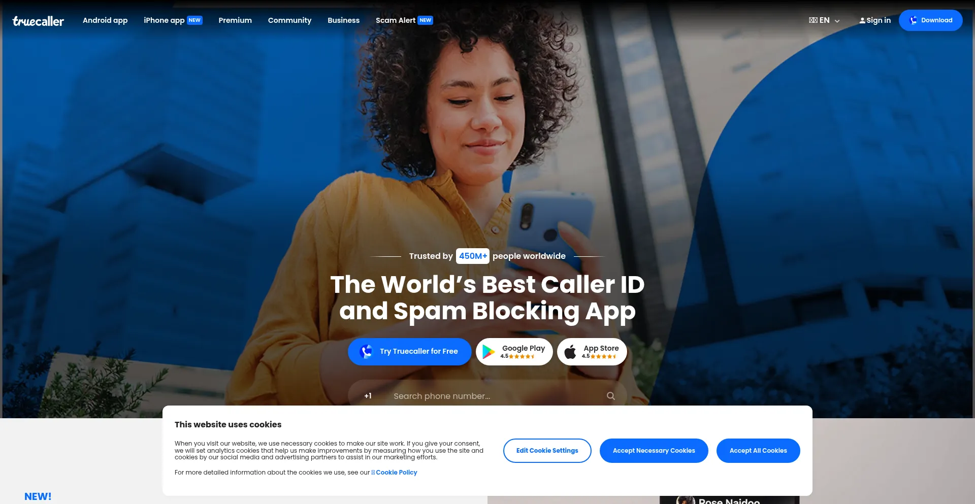Website screenshot of Truecaller.com