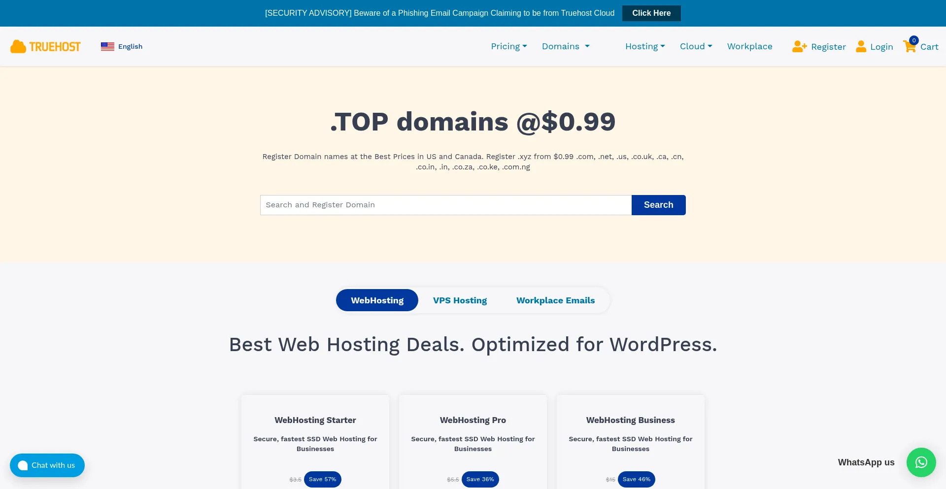 Website screenshot of Truehost.com