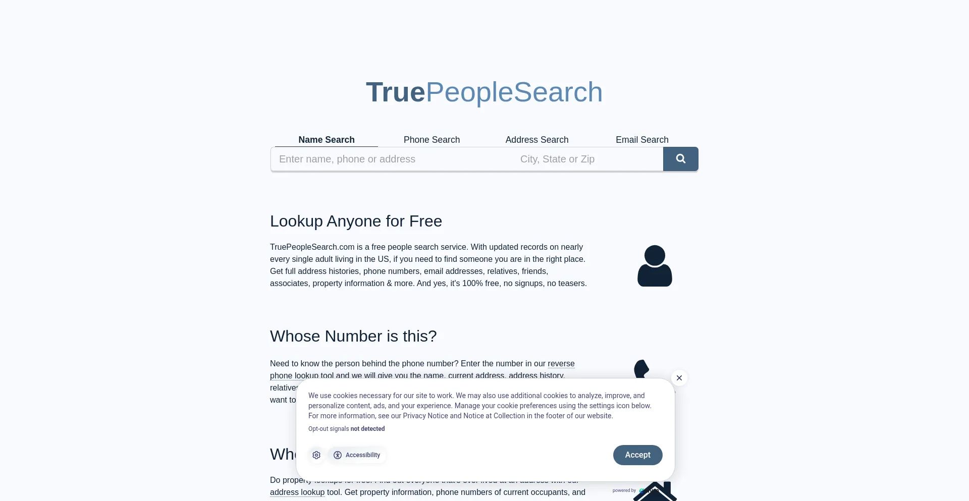 Website screenshot of Truepeoplesearch.com