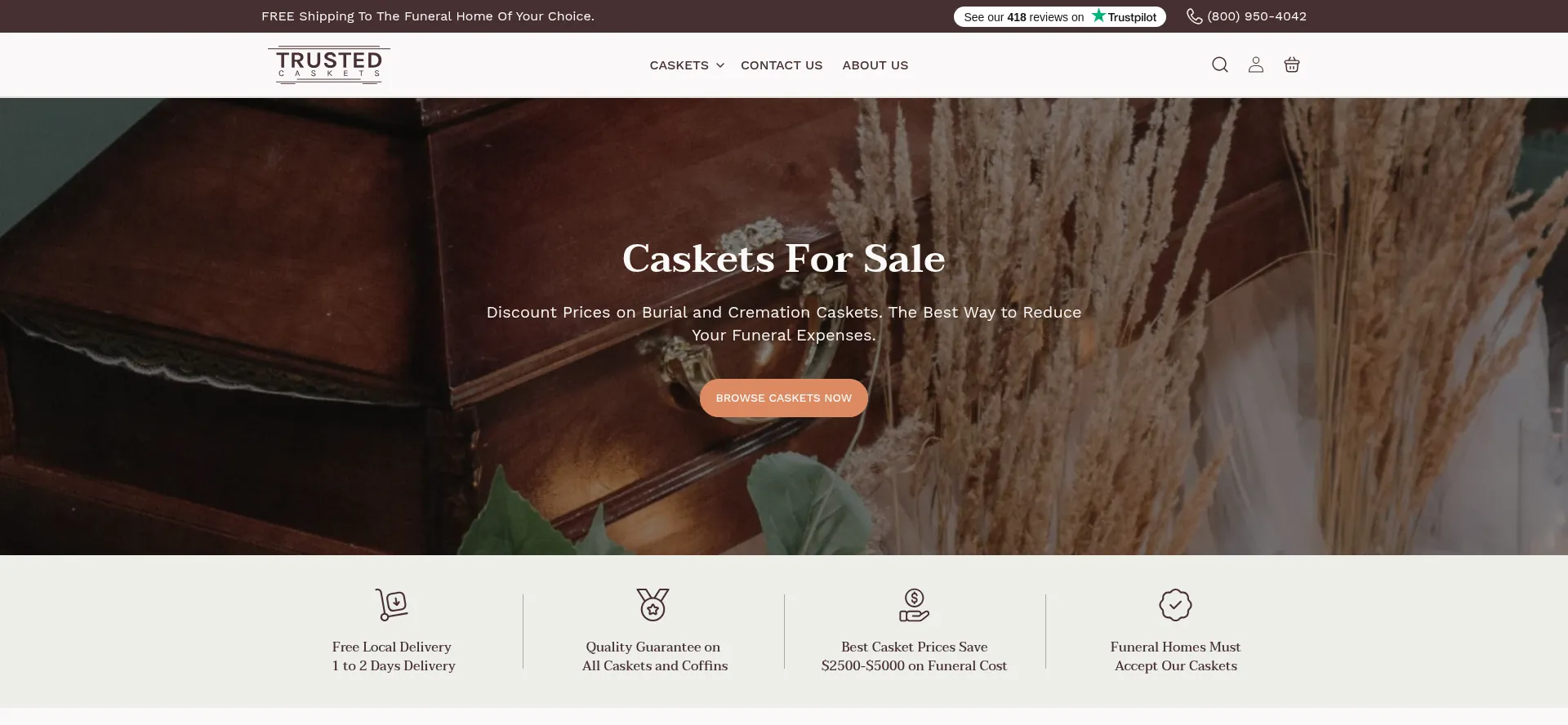 Website screenshot of Trustedcaskets.com