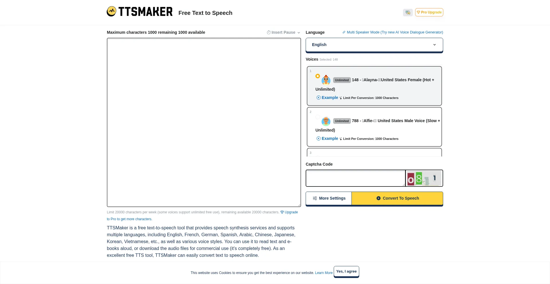 Website screenshot of Ttsmaker.com