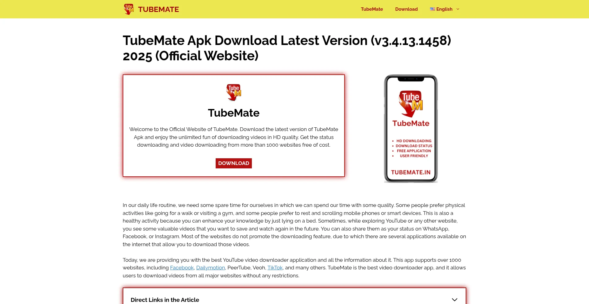 Website screenshot of Tubemate.in