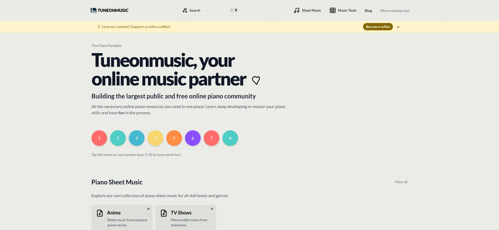 Website screenshot of Tuneonmusic.com