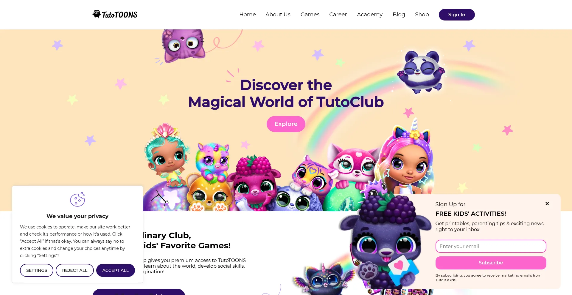 Website screenshot of Tutotoons.com