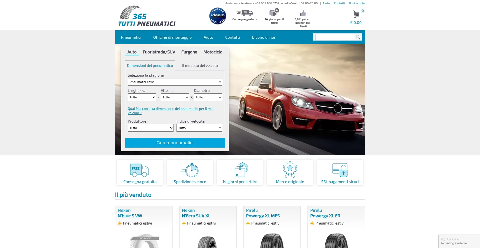Website screenshot of Tuttipneumatici365.it