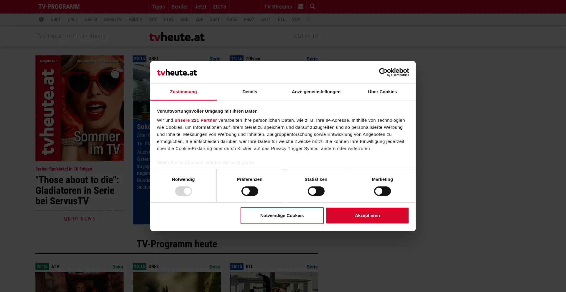 Website screenshot of Tvheute.at
