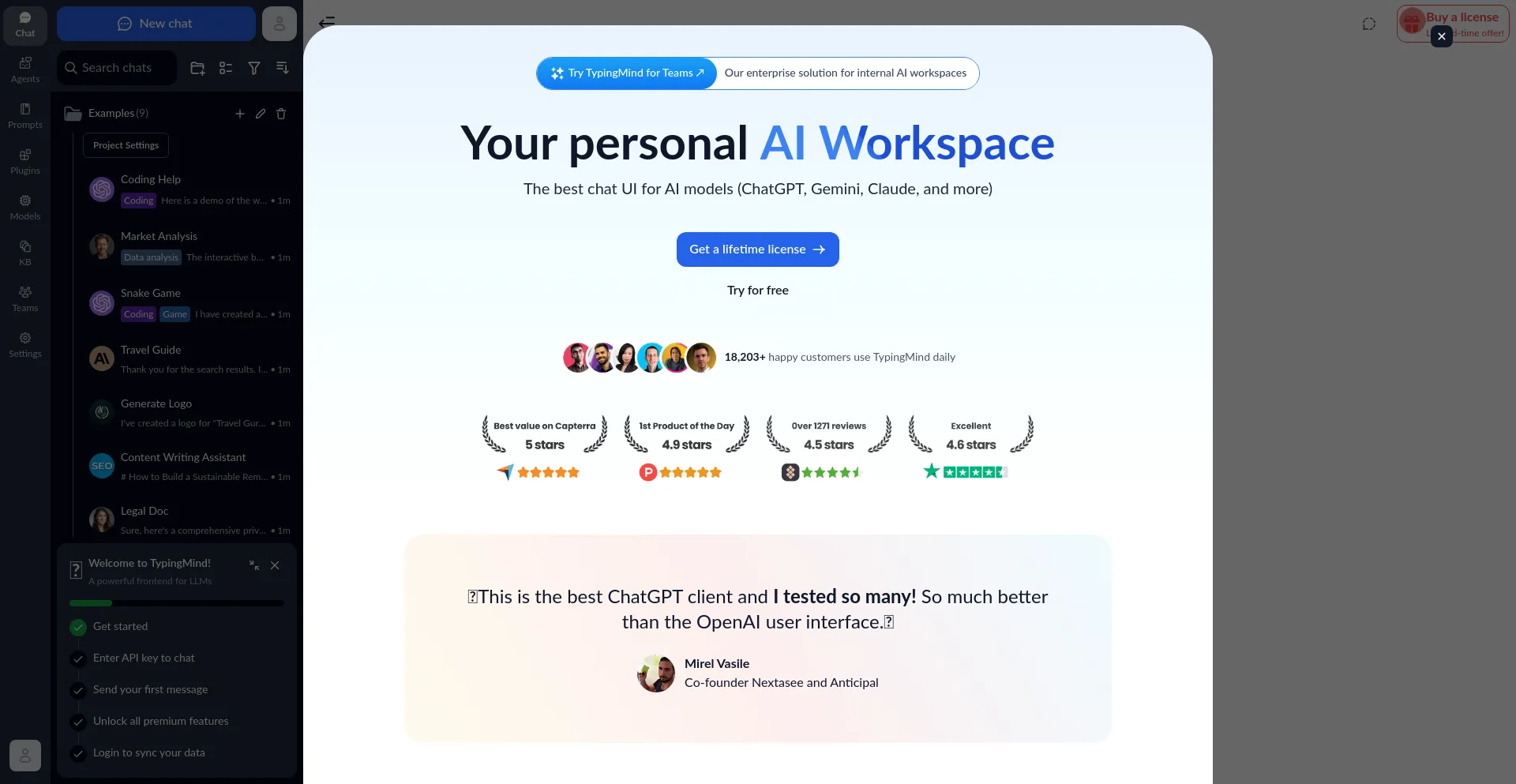 Website screenshot of Typingmind.com