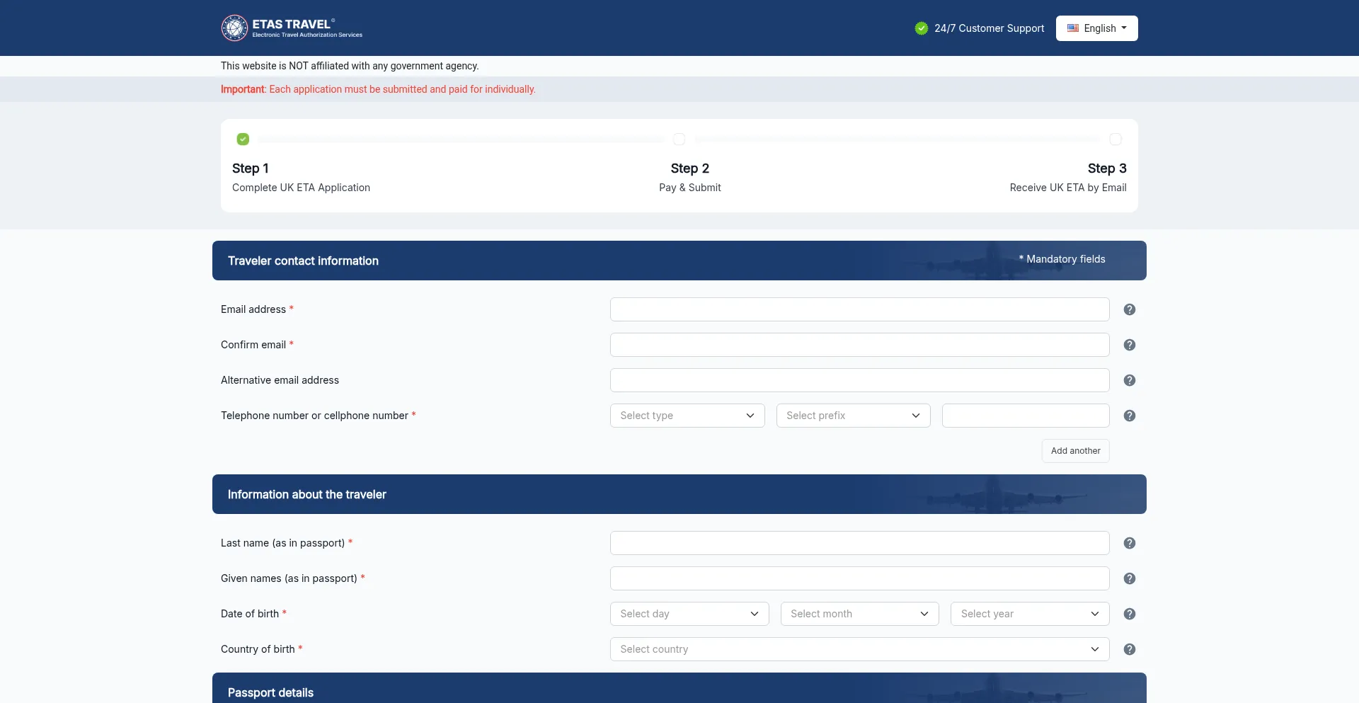 Website screenshot of Uk-eta.etastravel.app