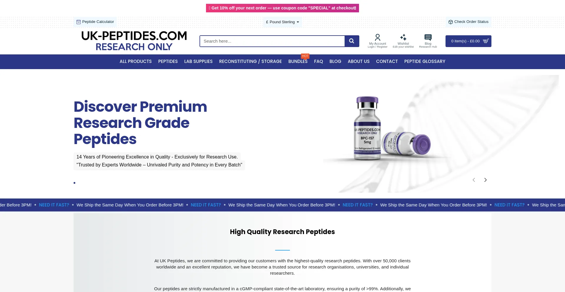 Website screenshot of Uk-peptides.com