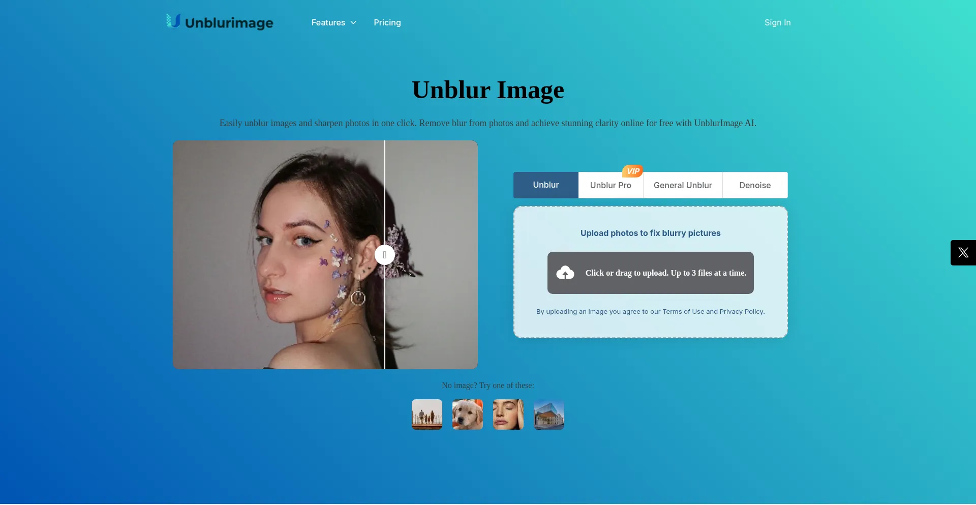 Website screenshot of Unblurimage.ai