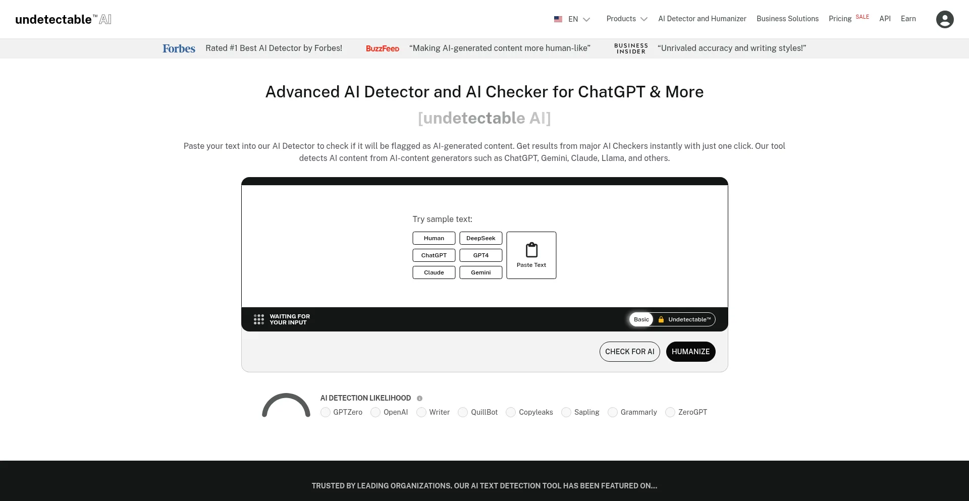 Website screenshot of Undetectable.ai