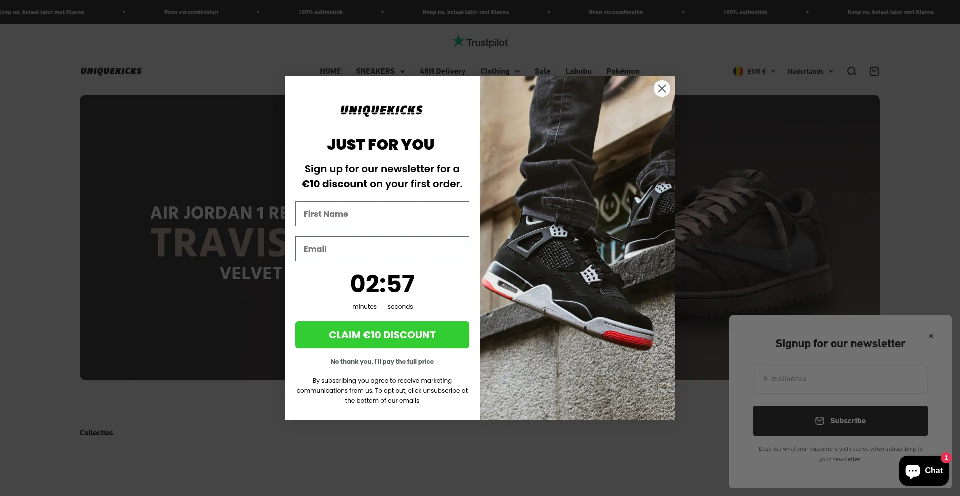 Website screenshot of Uniquekicks.be