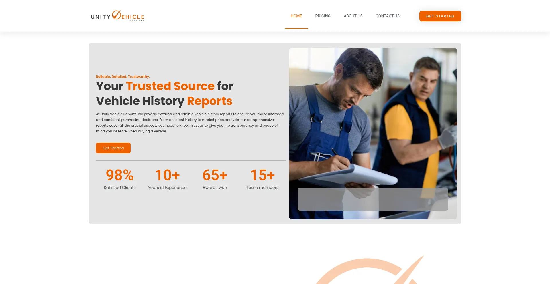 Website screenshot of Unityvehiclereports.com