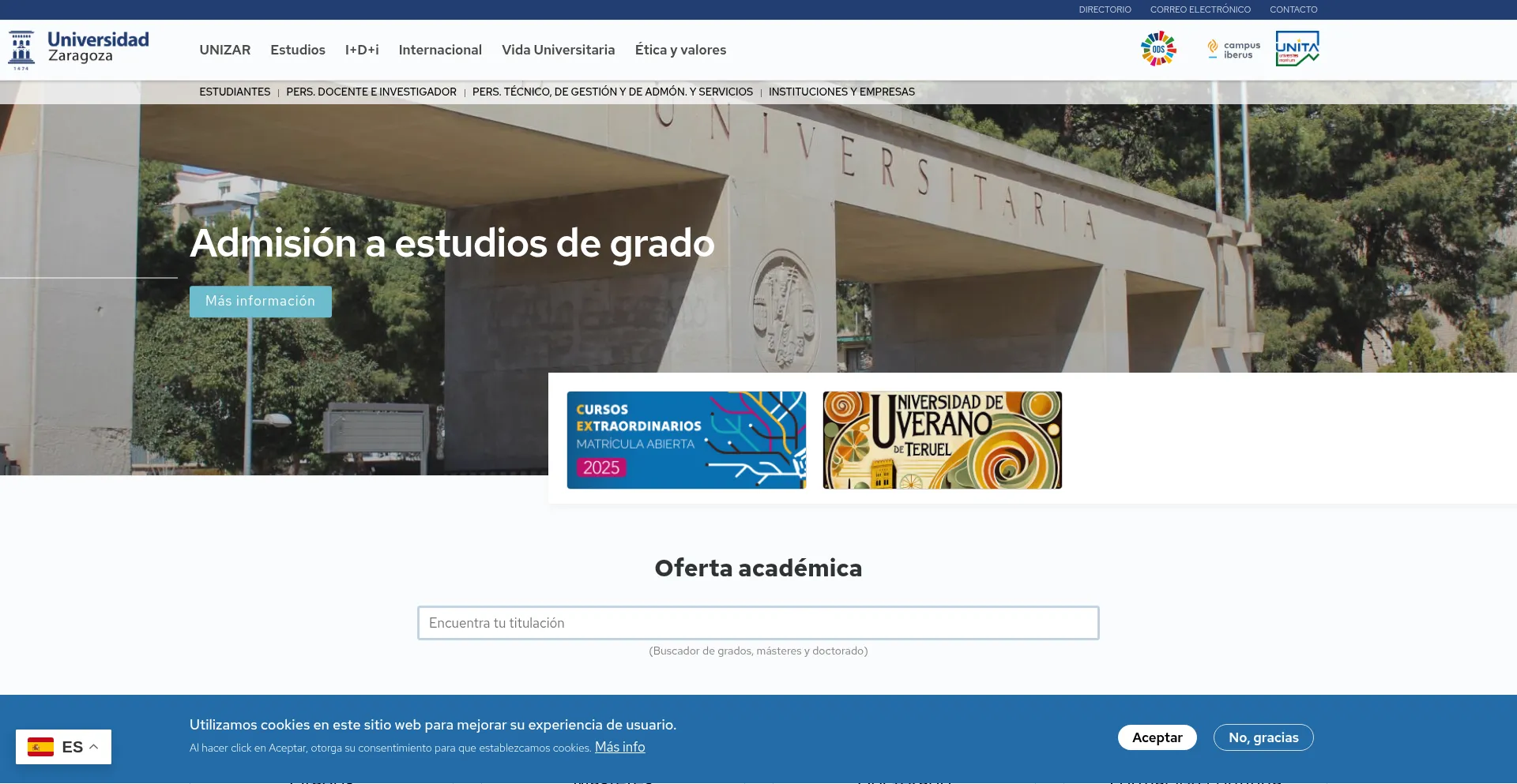Website screenshot of Unizar.es
