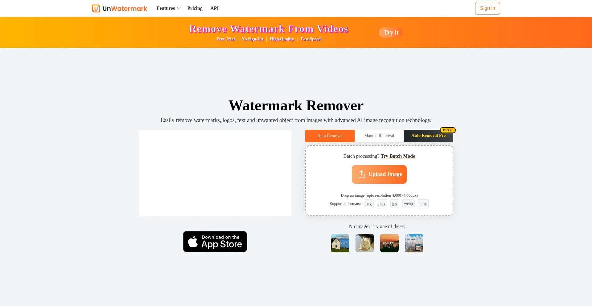 Website screenshot of Unwatermark.ai