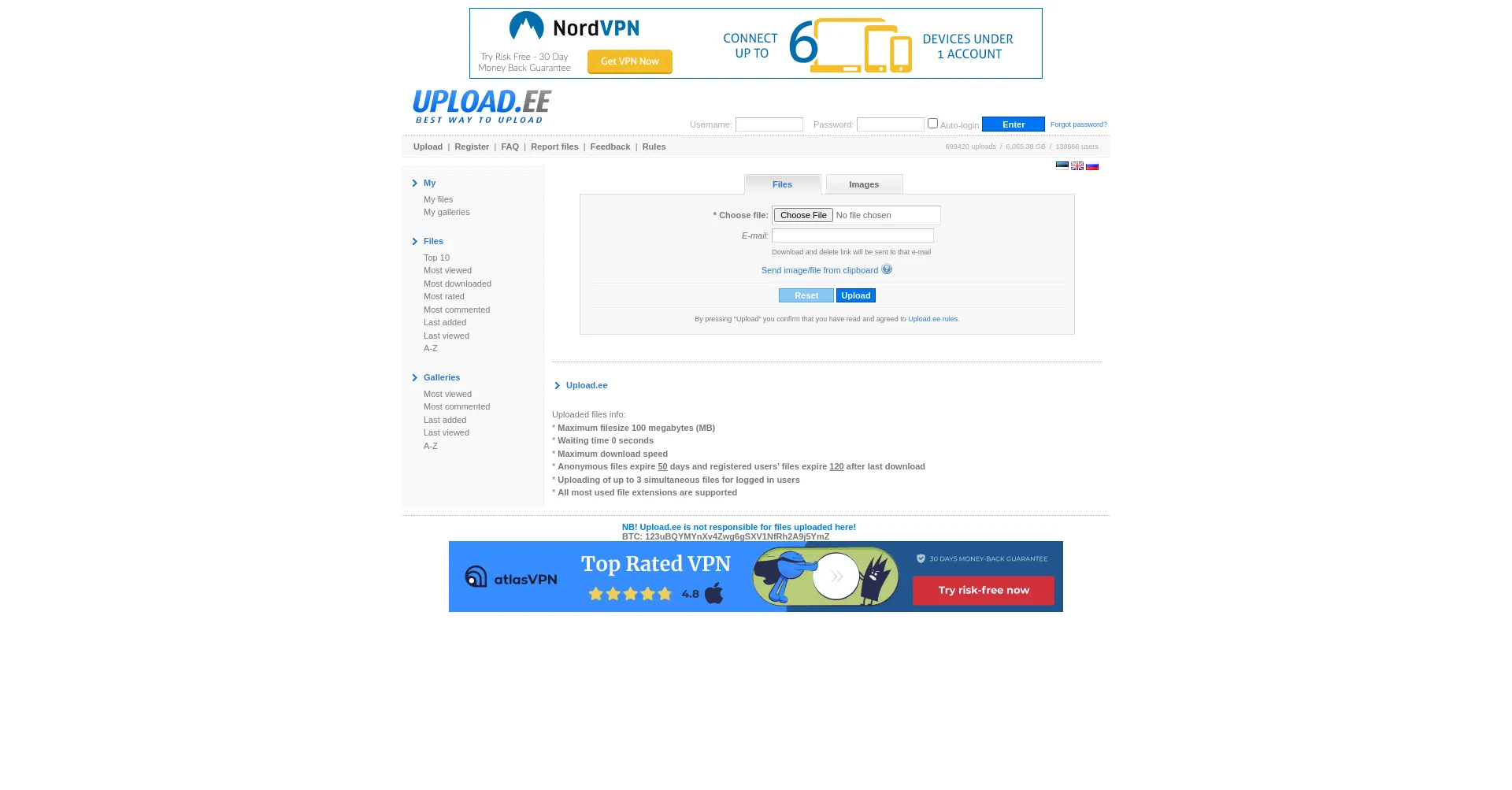 Website screenshot of Upload.ee