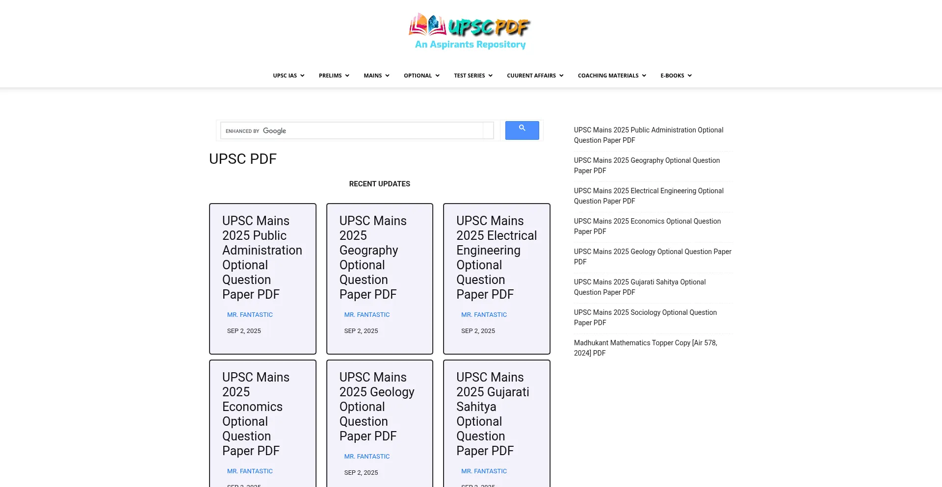 Website screenshot of Upscpdf.com