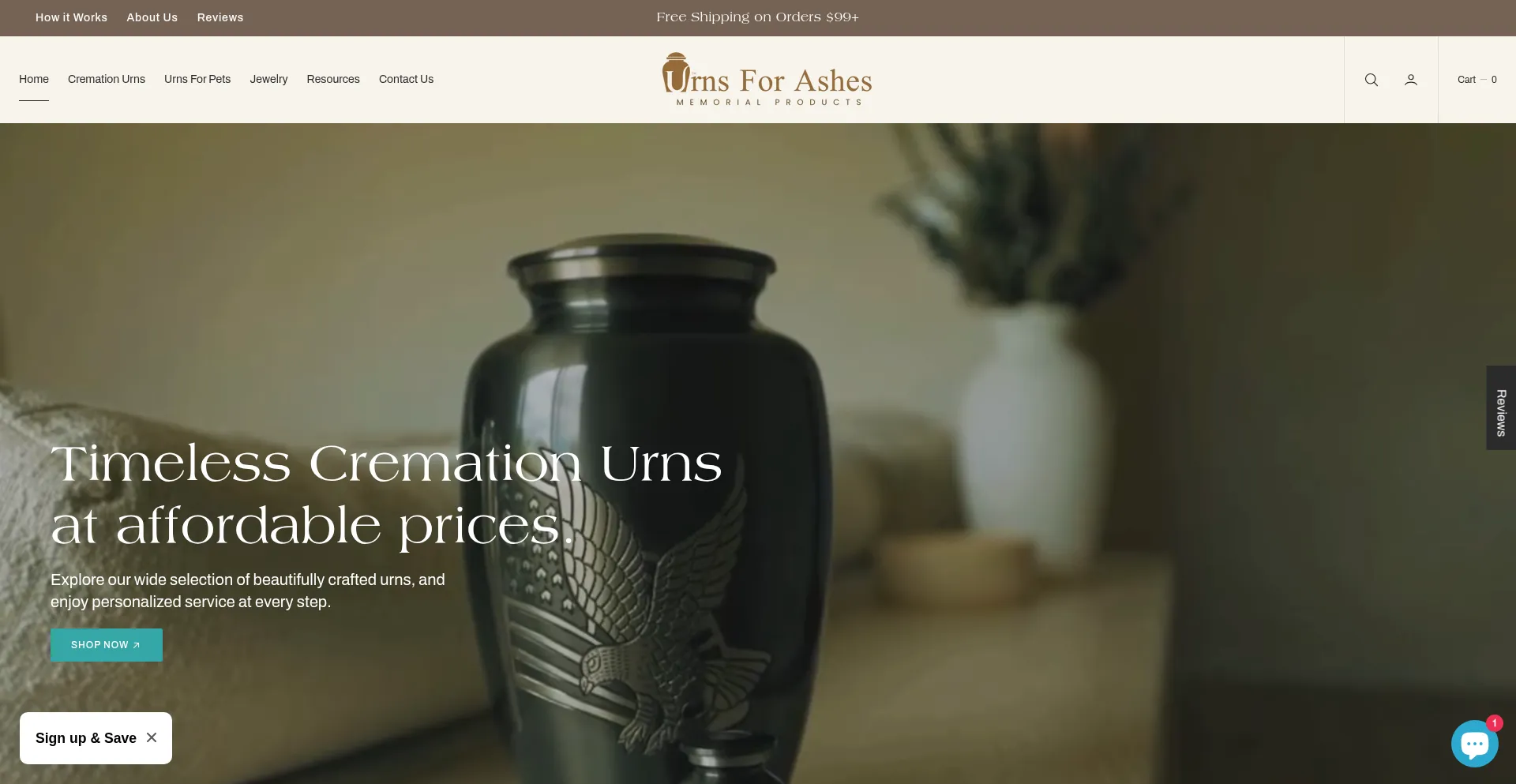Website screenshot of Urnsforashes.com