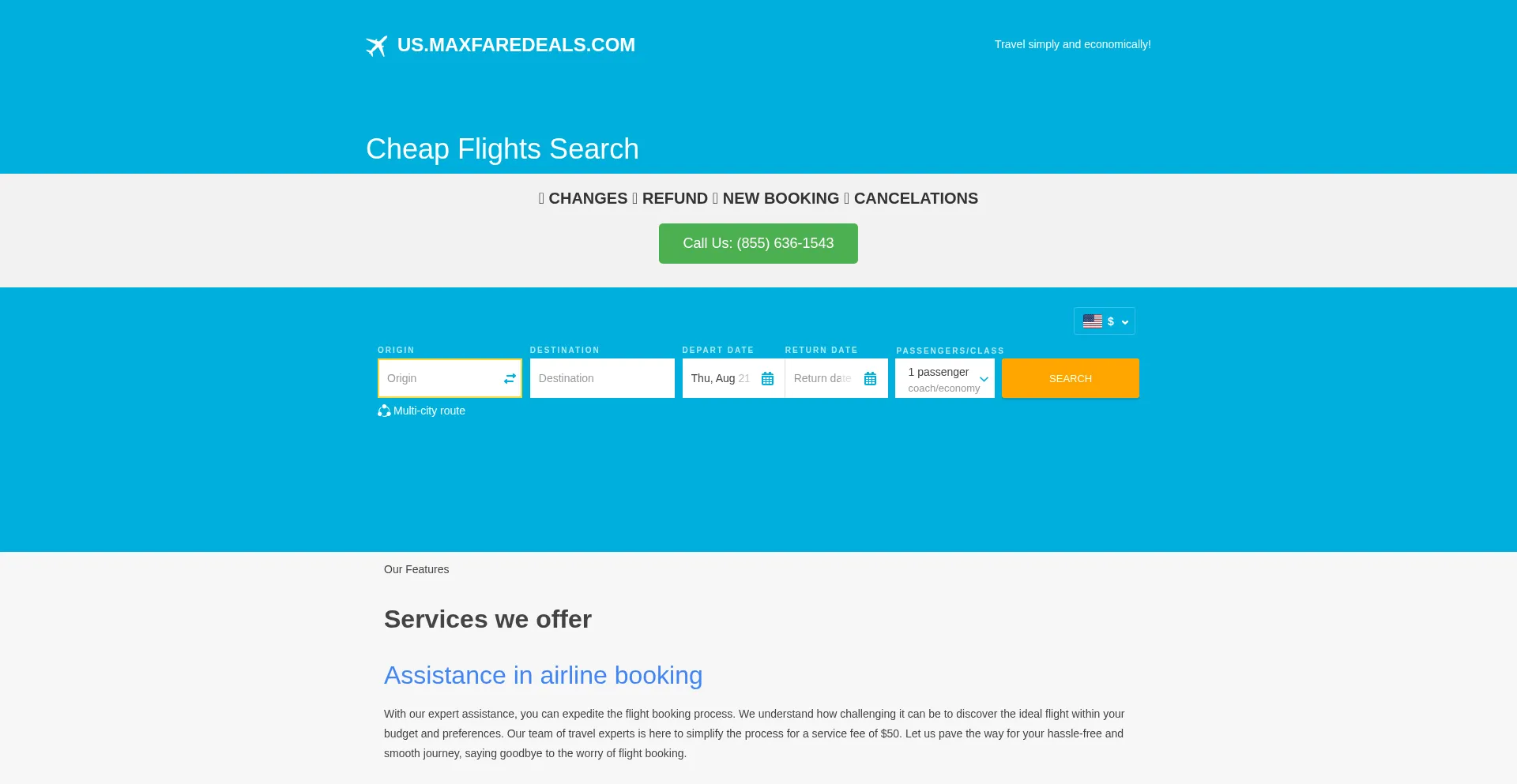 Website screenshot of Us.maxfaredeals.com