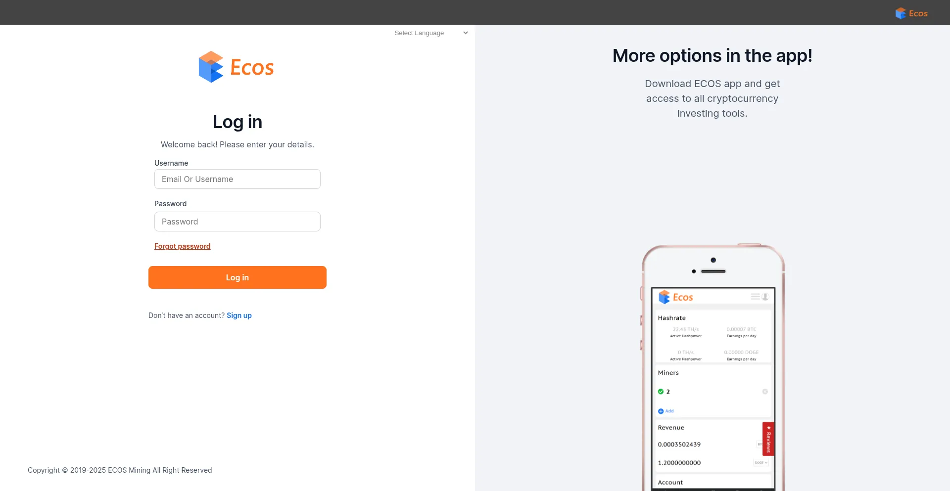 Website screenshot of User.ecoscloudmining.org
