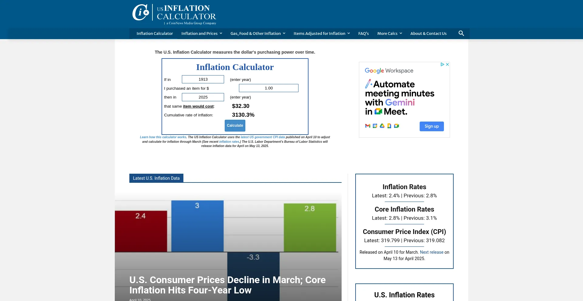Website screenshot of Usinflationcalculator.com