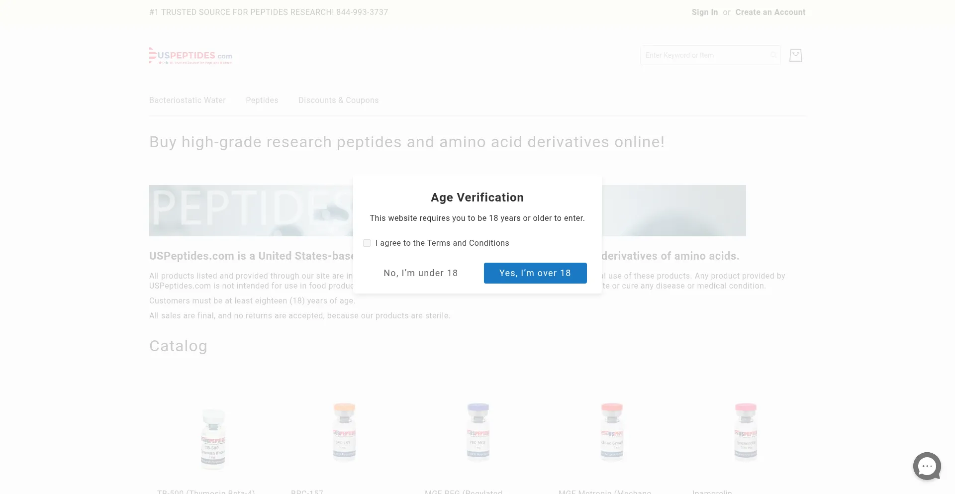 Website screenshot of Uspeptides.com