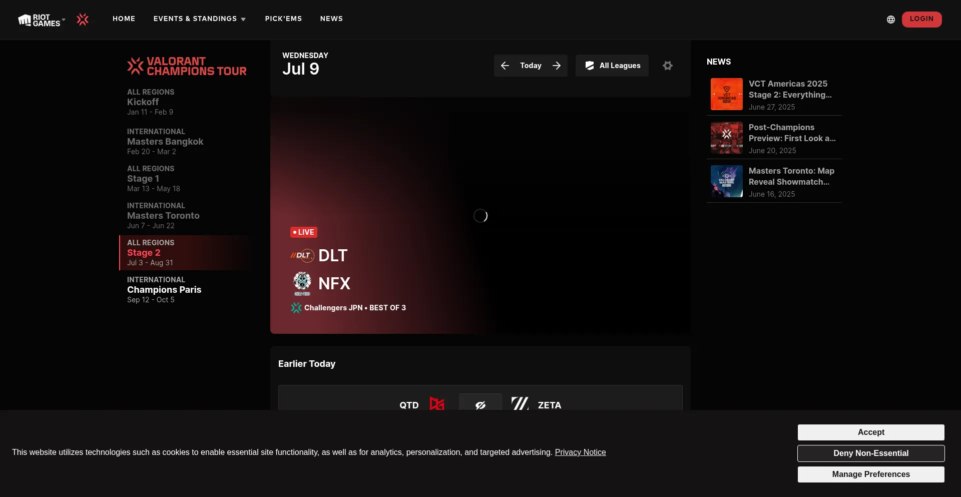 Website screenshot of Valorantesports.com